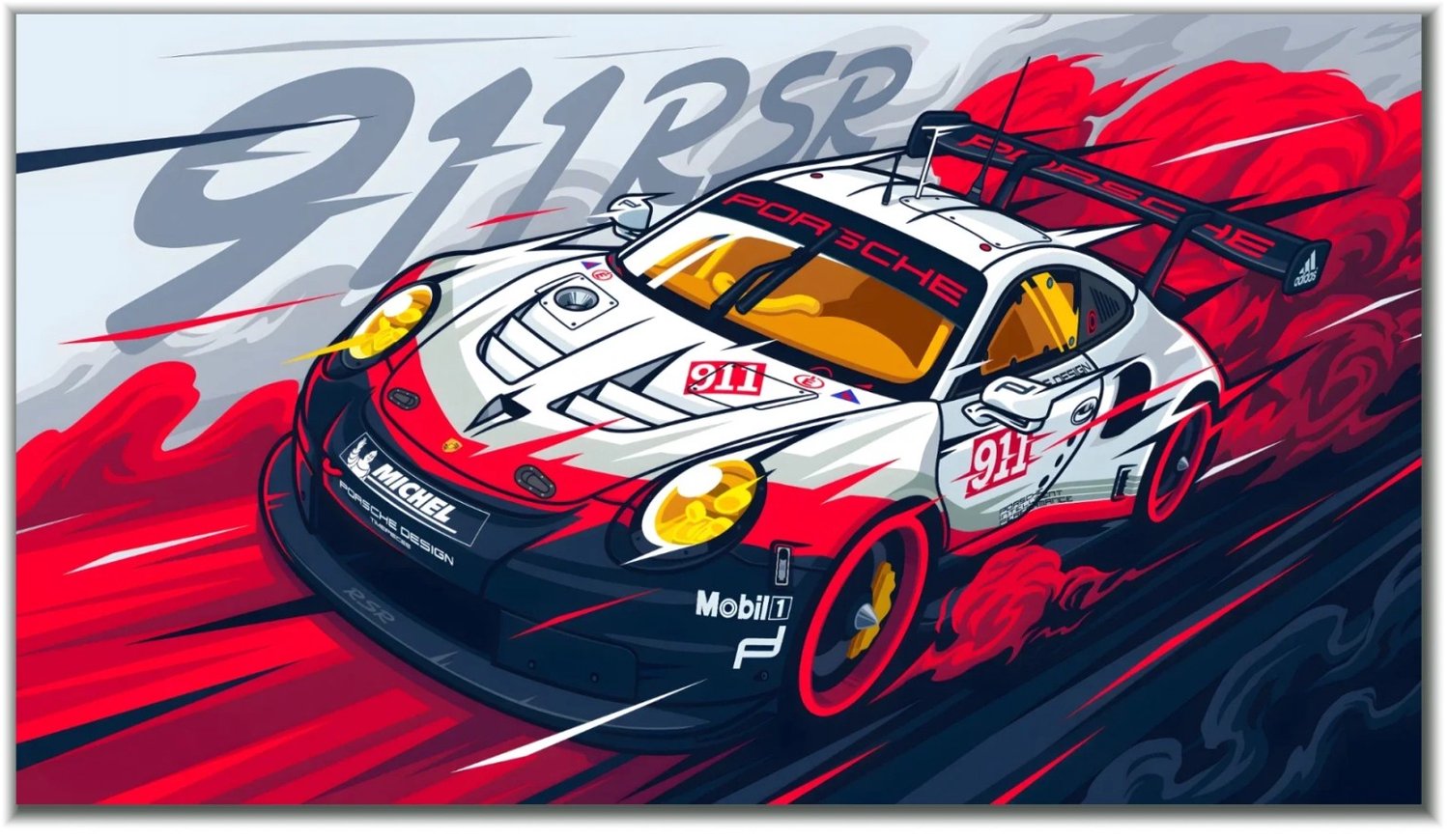 Postertje.nl Poster Porsche 911 raceauto – Rood-wit – 100 × 56,25 cm Grijs