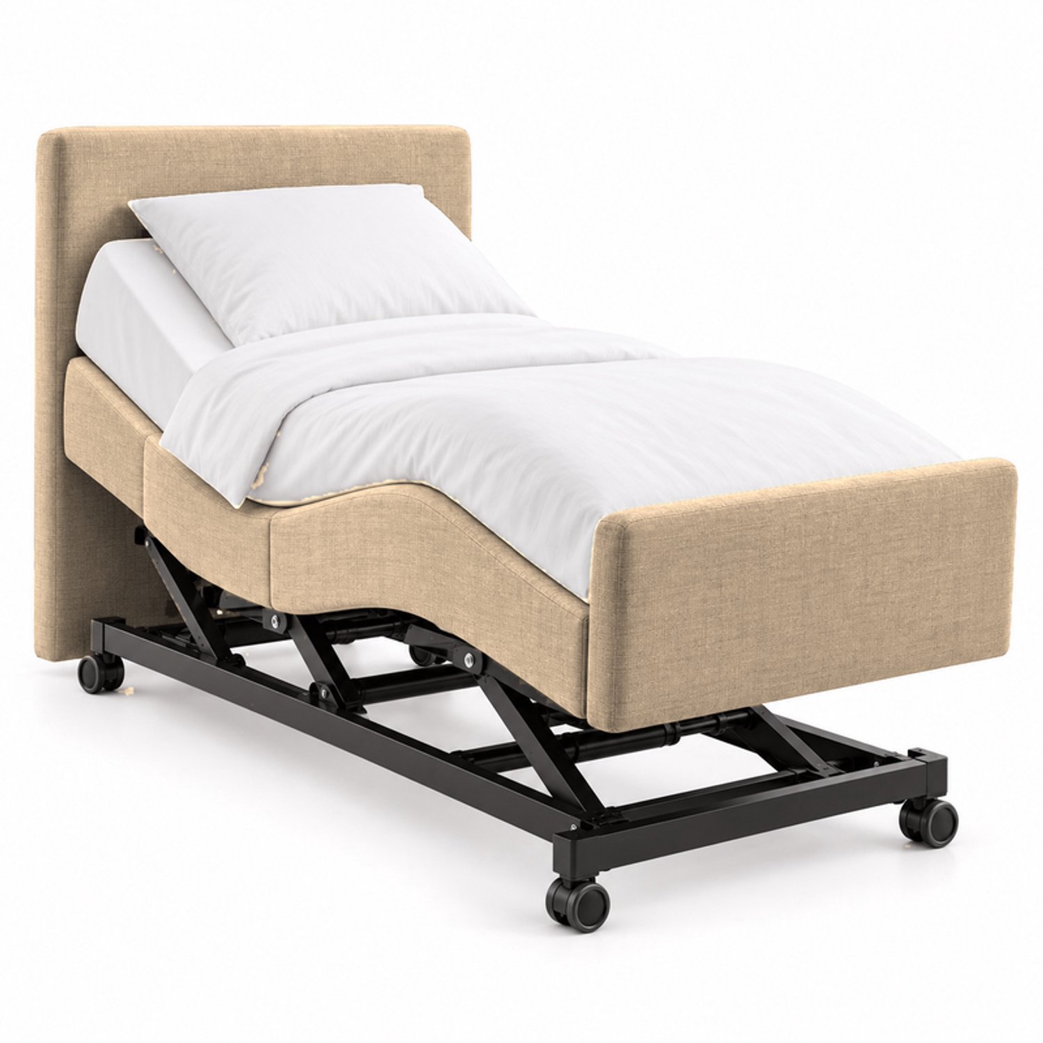 BoxspringFD Hoog Laag Bed / Boxpsring 1 Persoons Verzorgingsbed Seniorenbed Elektrisch Verstelbaar, 90x220 cm, kleur beige