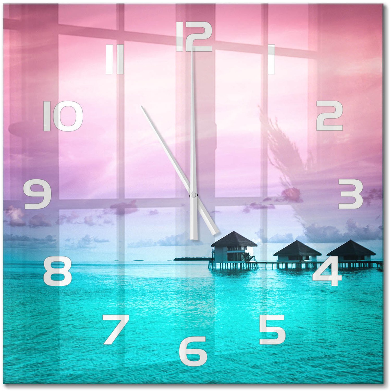 TULUP Wandklok - Bungalows aan het water Gekleurde Glazen Klok - 60x60 cm - Blauw Glazen Klok Met Print - Witte handen - Vierkante Klok - Moderne Wandklok Glas - Wandklok Glas Decoratie