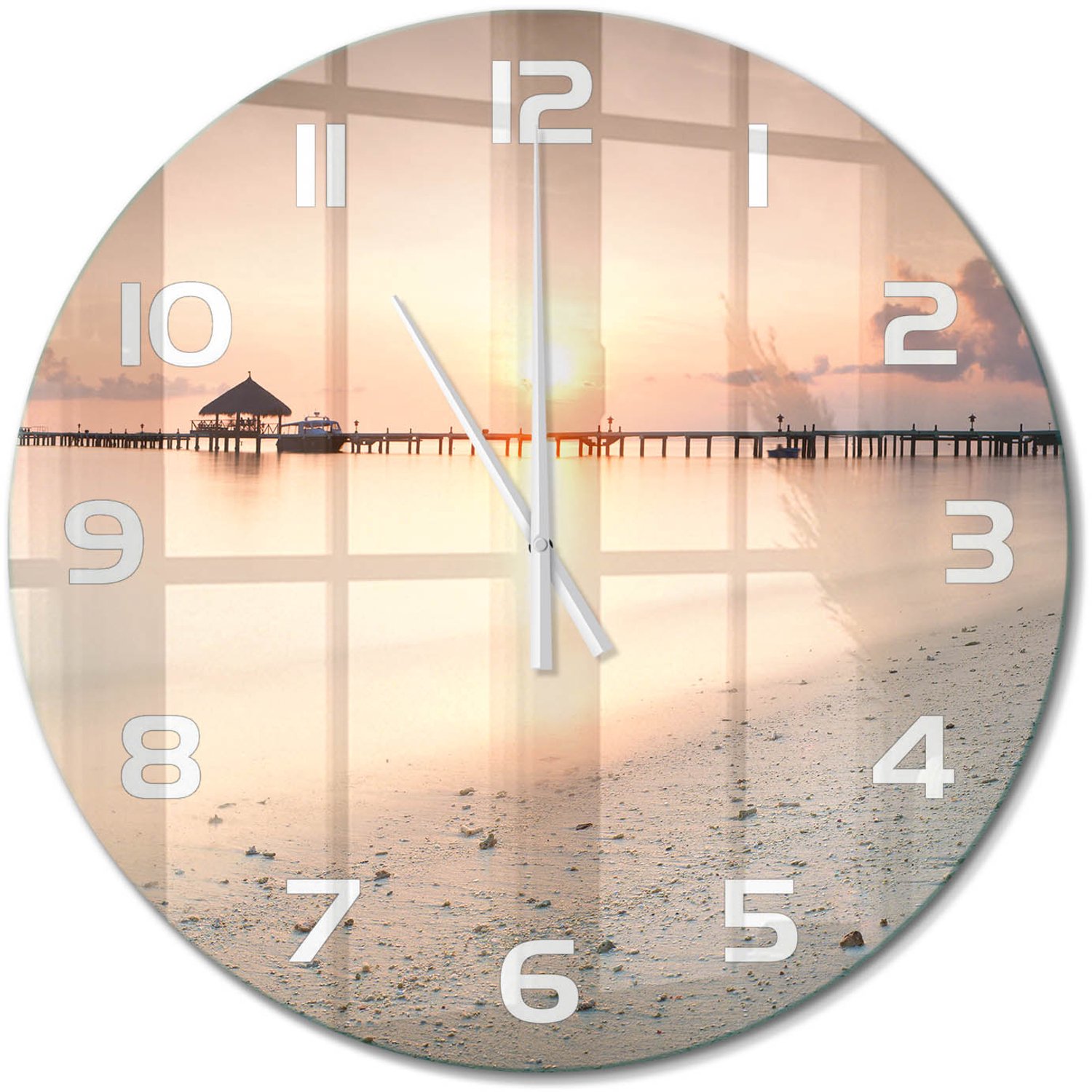 TULUP Wandklok - Strand van de Malediven Decoratieve Glazen Klok - fi60 cm - Veelkleurig Glazen Wandklok Design - Witte handen - Ronde Klok - Glazen Klok Met Print - Wandklok Glas Met Motief
