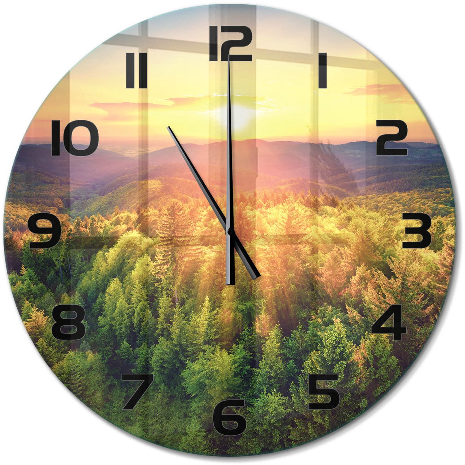 TULUP Wandklok - Zonsondergang in het bos Klok Glas Met Opdruk - fi60 cm - Geel Moderne Wandklok Glas - Zwarte handen - Ronde Klok - Decoratieve Glazen Klok - Glazen Wandklok Design