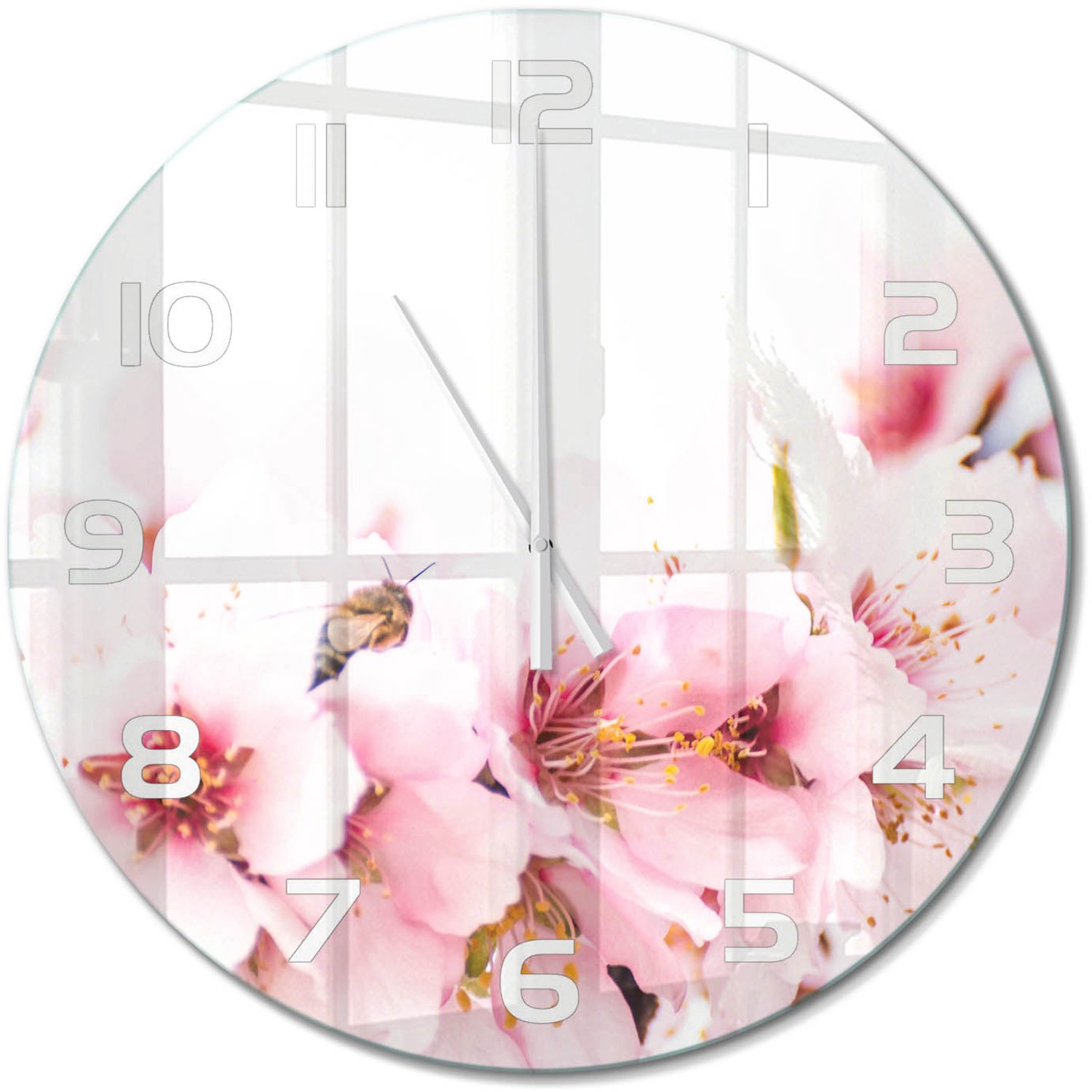 TULUP Wandklok - Kersenbloesem Wandklok Glas Met Motief - fi60 cm - Roze Decoratieve Glazen Klok - Witte handen - Ronde Klok - Gekleurde Glazen Klok - Glazen Klok Met Print