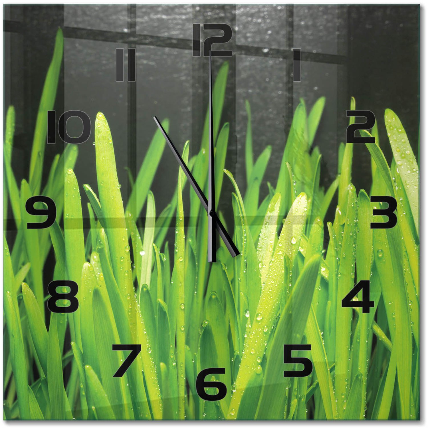 TULUP Wandklok - Gras Decoratieve Glazen Klok - 60x60 cm - Groente Glazen Wandklok Design - Zwarte handen - Vierkante Klok - Glazen Klok Met Print - Wandklok Glas Met Motief