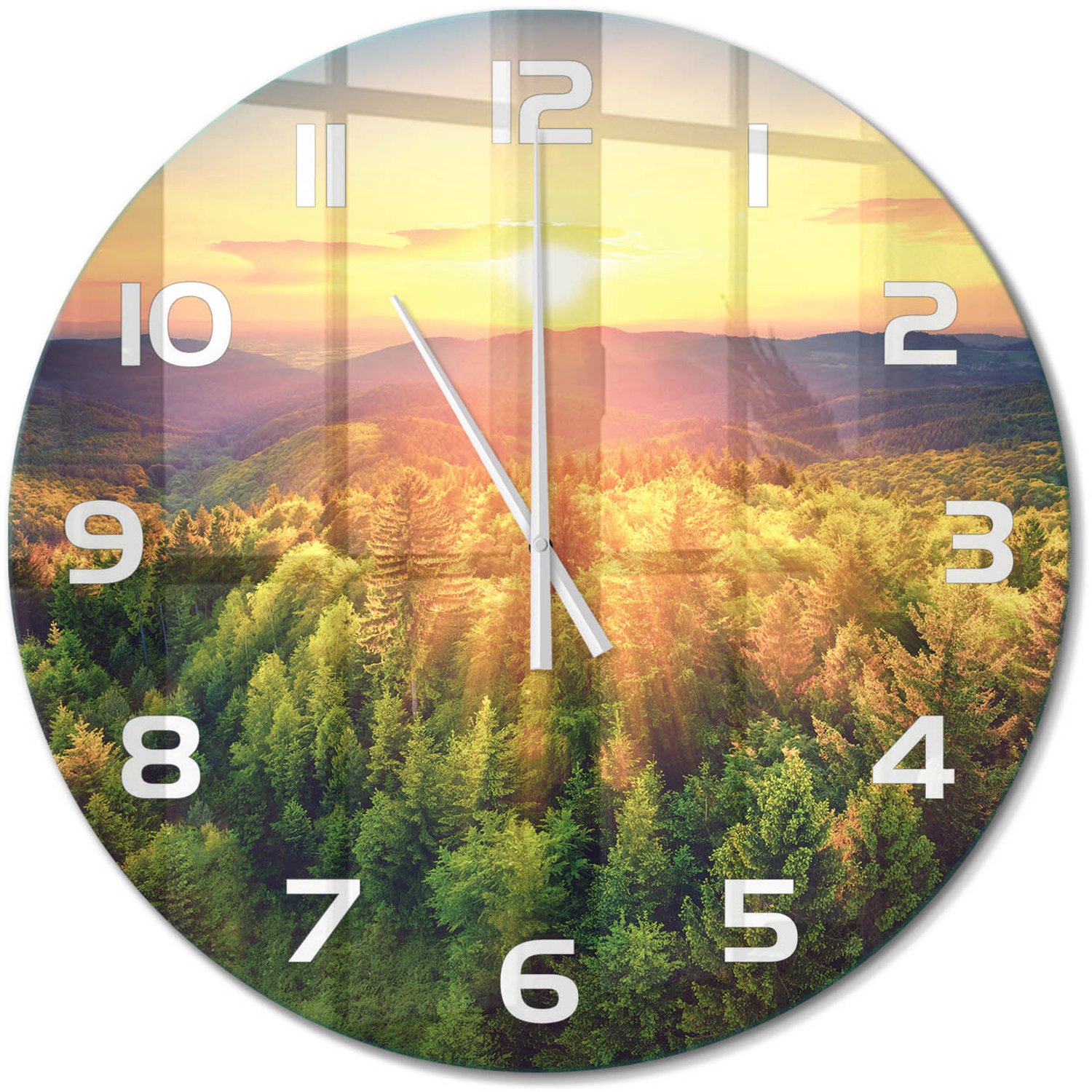TULUP Wandklok - Zonsondergang in het bos Wandklok Glas Met Motief - fi60 cm - Geel Decoratieve Glazen Klok - Witte handen - Ronde Klok - Gekleurde Glazen Klok - Glazen Klok Met Print