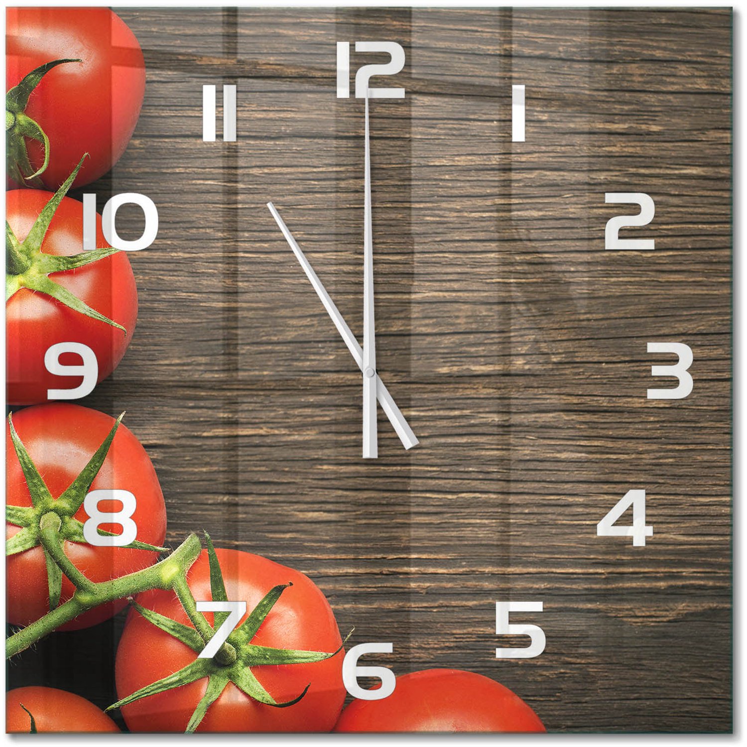 TULUP Wandklok - Tomaten op hout Glazen Klok Met Print - 60x60 cm - Rood Wandklok Glas Met Motief - Witte handen - Vierkante Klok - Wandklok Glas Decoratie - Gekleurde Glazen Klok