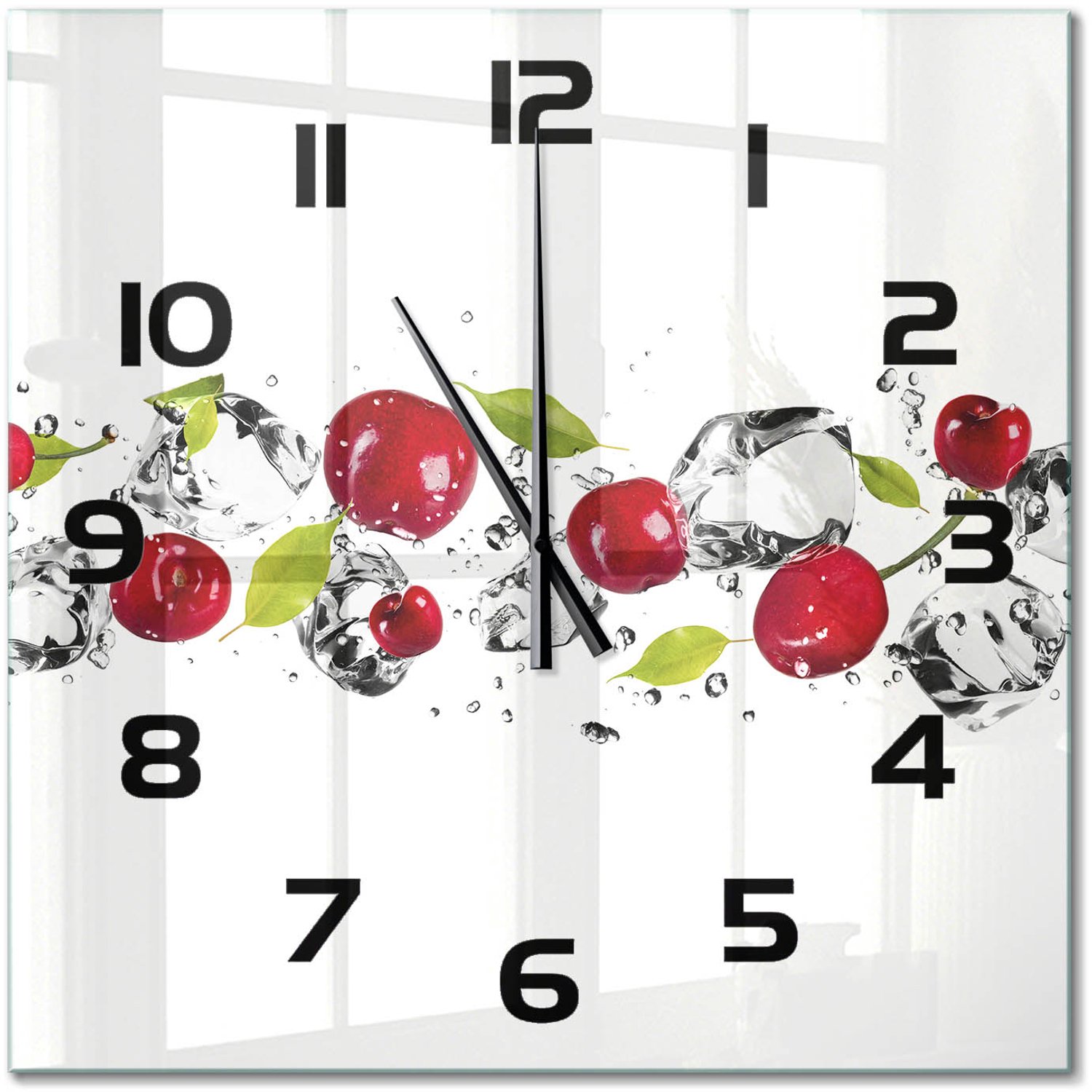 TULUP Wandklok - Kersen en water Wandklok Glas Decoratie - 60x60 cm - Rood Gekleurde Glazen Klok - Zwarte handen - Vierkante Klok - Klok Glas Met Opdruk - Moderne Wandklok Glas