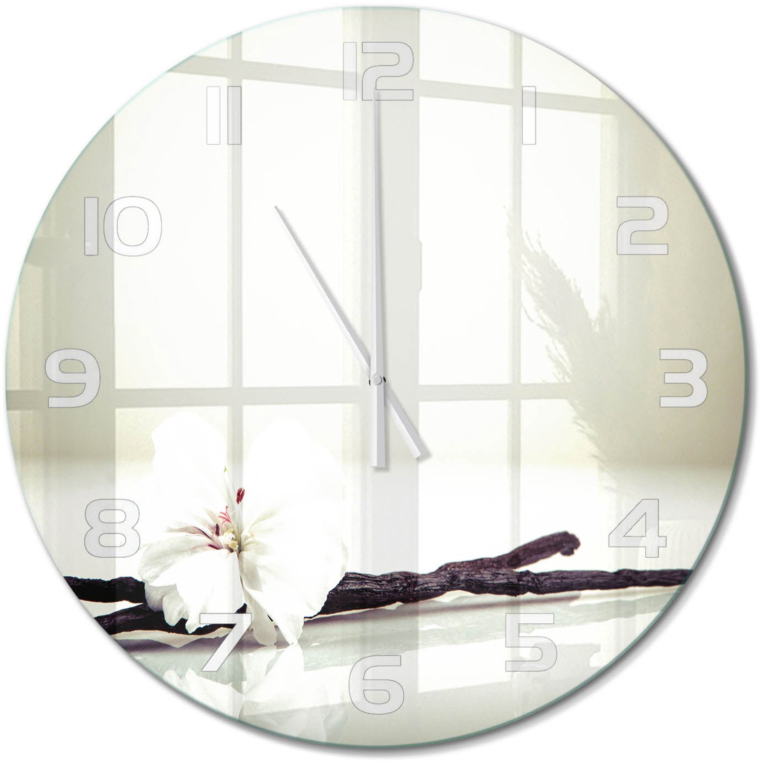 TULUP Wandklok - Vanilleboon Klok Glas Met Opdruk - fi60 cm - Wit Moderne Wandklok Glas - Witte handen - Ronde Klok - Decoratieve Glazen Klok - Glazen Wandklok Design