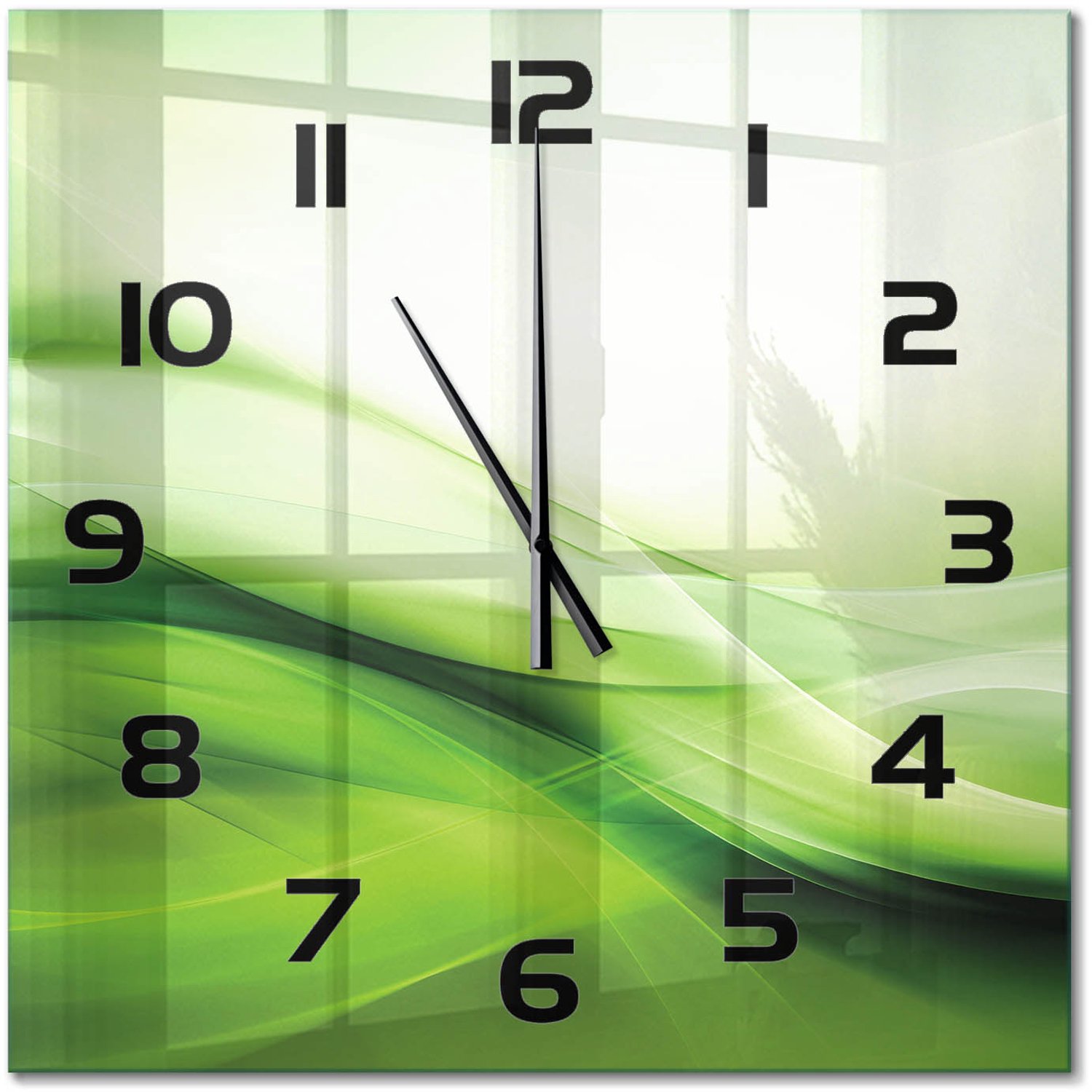TULUP Wandklok - Groene golven achtergrond Decoratieve Glazen Klok - 60x60 cm - Groente Glazen Wandklok Design - Zwarte handen - Vierkante Klok - Glazen Klok Met Print - Wandklok Glas Met Motief