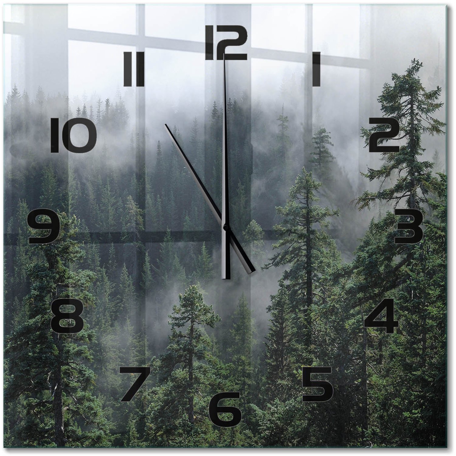 TULUP Wandklok - Bosmist Glazen Wandklok Design - 60x60 cm - Groente Klok Glas Met Opdruk - Zwarte handen - Vierkante Klok - Wandklok Glas Met Motief - Decoratieve Glazen Klok
