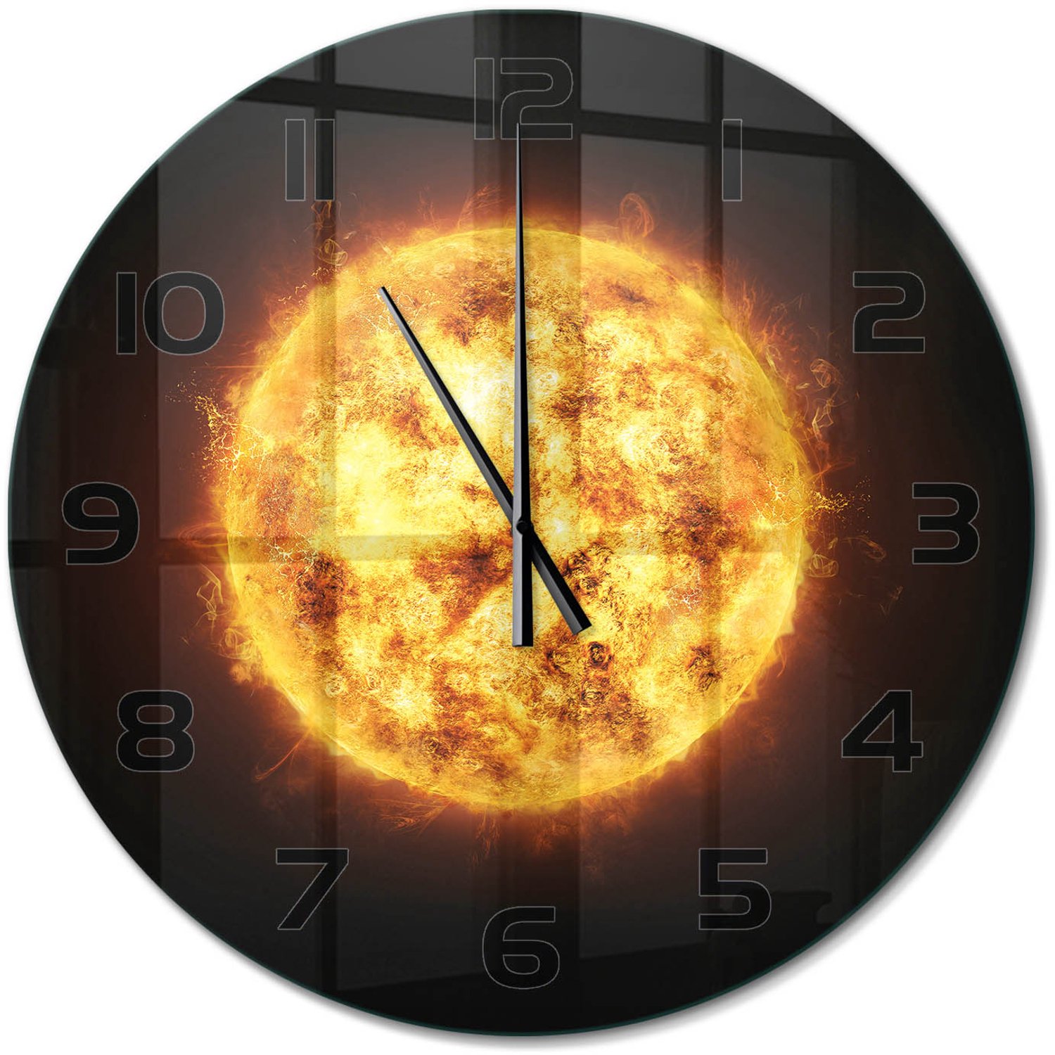 TULUP Wandklok - Zonnig Glazen Wandklok Design - fi60 cm - Oranje Klok Glas Met Opdruk - Zwarte handen - Ronde Klok - Wandklok Glas Met Motief - Decoratieve Glazen Klok