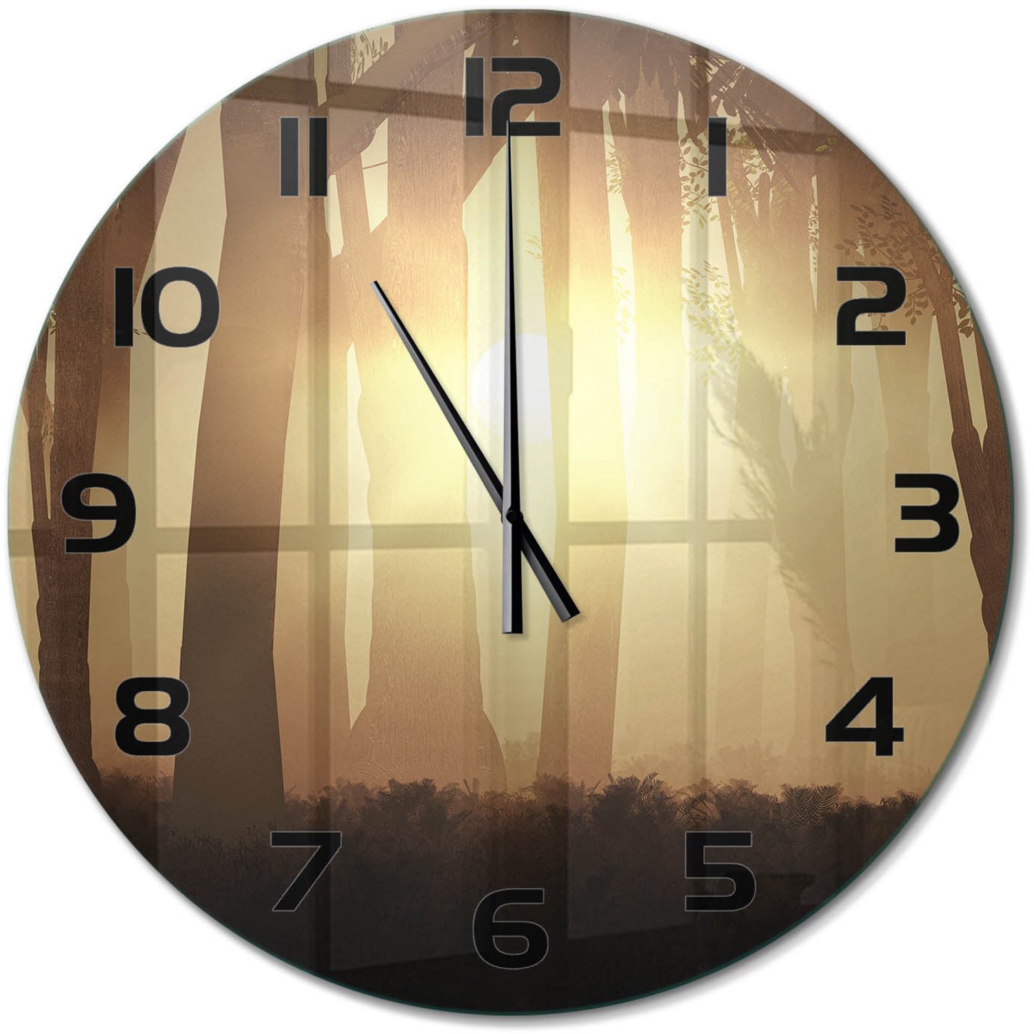 TULUP Wandklok - Mist in het bos Wandklok Glas Decoratie - fi60 cm - Bruin Gekleurde Glazen Klok - Zwarte handen - Ronde Klok - Klok Glas Met Opdruk - Moderne Wandklok Glas