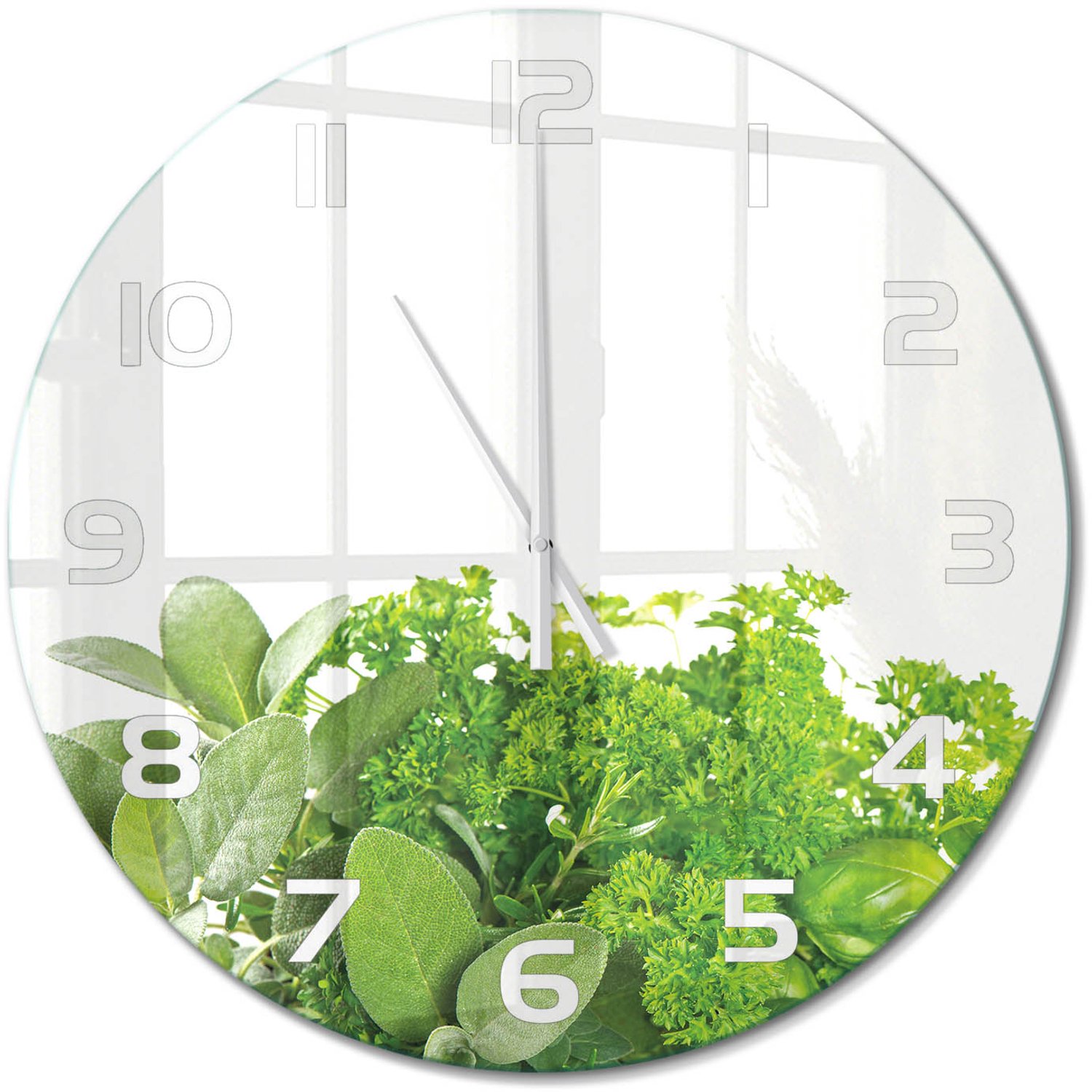 TULUP Wandklok - Kruiden Klok Glas Met Opdruk - fi60 cm - Groente Moderne Wandklok Glas - Witte handen - Ronde Klok - Decoratieve Glazen Klok - Glazen Wandklok Design