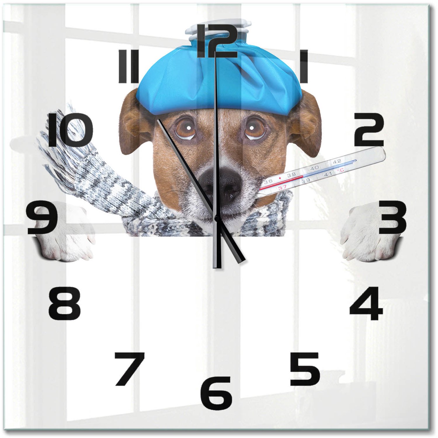 TULUP Wandklok - Zieke hond Gekleurde Glazen Klok - 60x60 cm - Blauw Glazen Klok Met Print - Zwarte handen - Vierkante Klok - Moderne Wandklok Glas - Wandklok Glas Decoratie