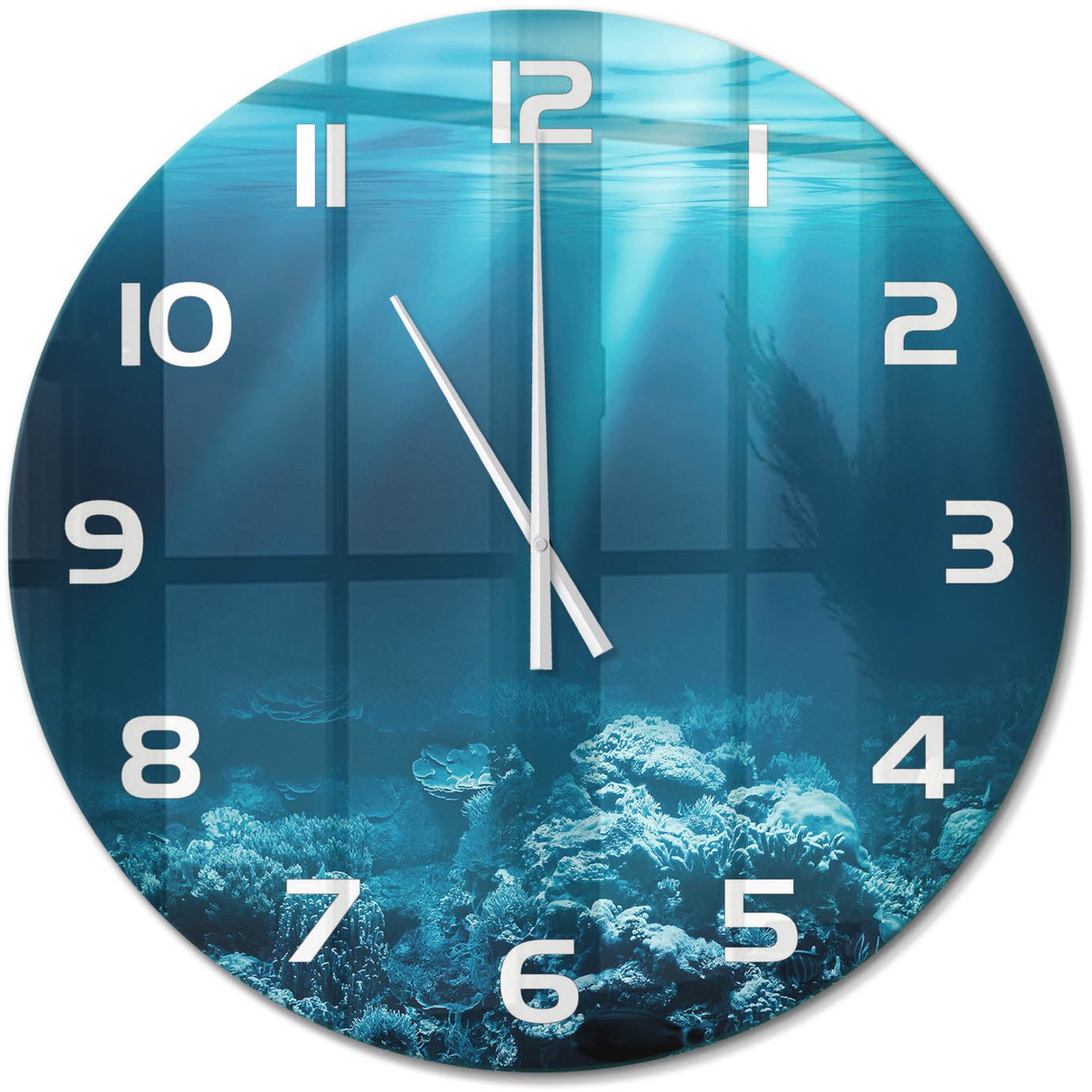 TULUP Wandklok - Onderwaterwereld Glazen Klok Met Print - fi60 cm - Blauw Wandklok Glas Met Motief - Witte handen - Ronde Klok - Wandklok Glas Decoratie - Gekleurde Glazen Klok