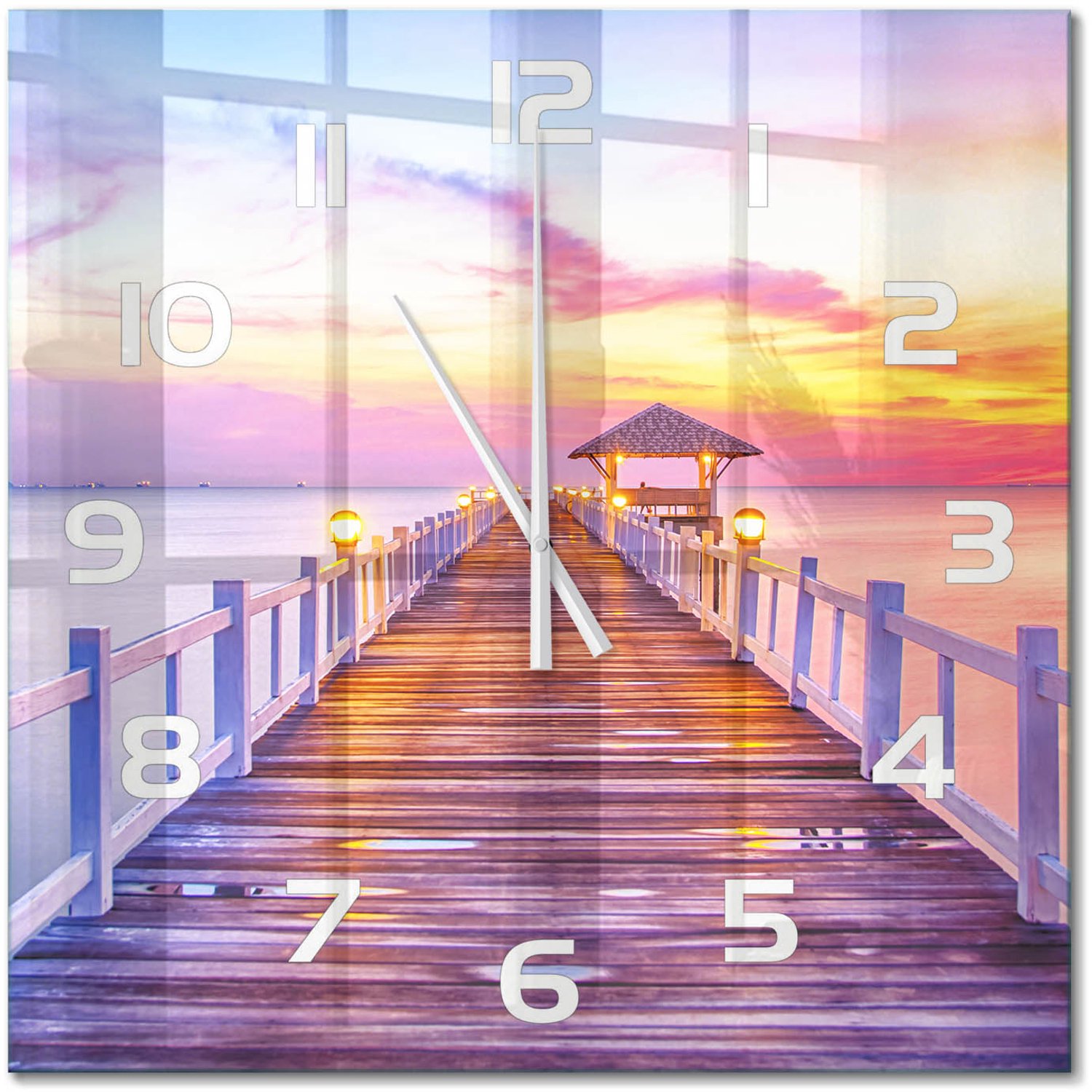 TULUP Wandklok - Houten brug Glazen Wandklok Design - 60x60 cm - Oranje Klok Glas Met Opdruk - Witte handen - Vierkante Klok - Wandklok Glas Met Motief - Decoratieve Glazen Klok