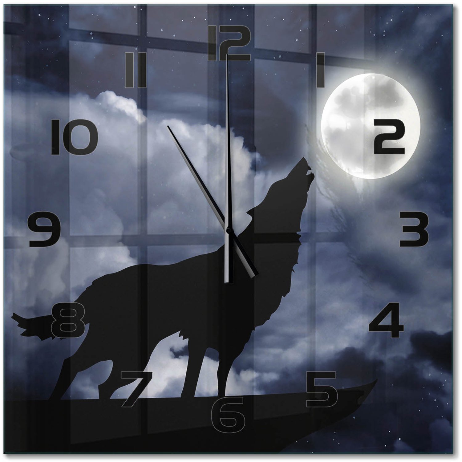 TULUP Wandklok - Huilende Wolf Volle Maan Decoratieve Glazen Klok - 60x60 cm - Zwart Glazen Wandklok Design - Zwarte handen - Vierkante Klok - Glazen Klok Met Print - Wandklok Glas Met Motief