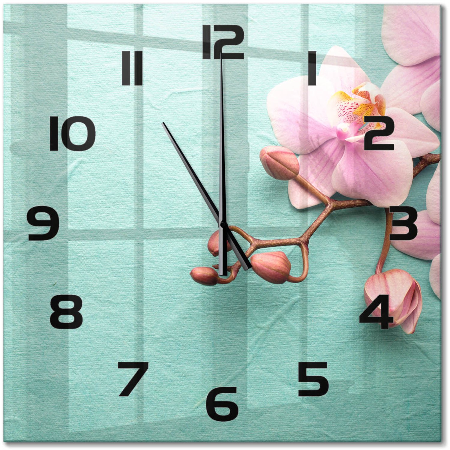 TULUP Wandklok - Orchidee Wandklok Glas Decoratie - 60x60 cm - Roze Gekleurde Glazen Klok - Zwarte handen - Vierkante Klok - Klok Glas Met Opdruk - Moderne Wandklok Glas