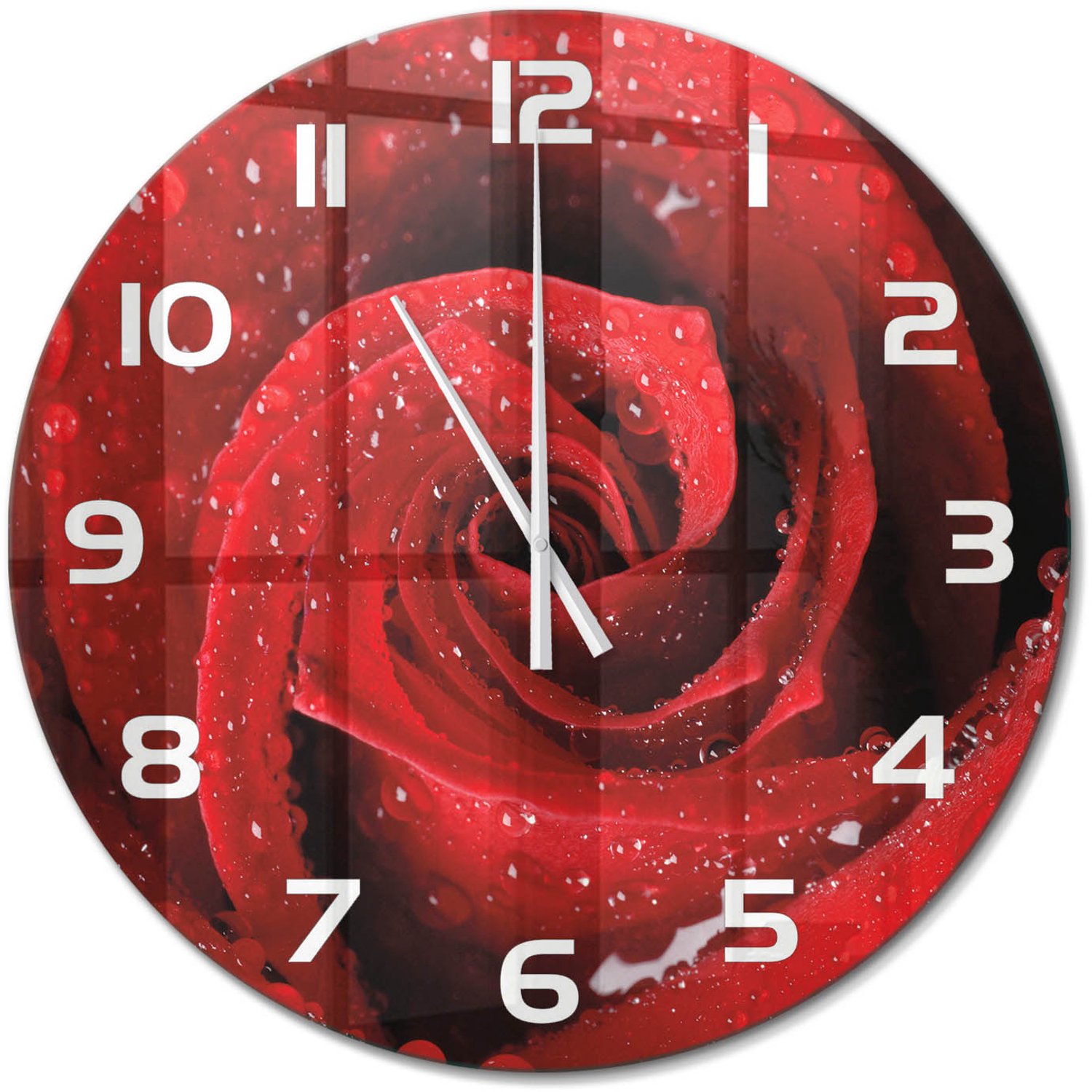 TULUP Wandklok - Druppels op de roos Wandklok Glas Met Motief - fi60 cm - Rood Decoratieve Glazen Klok - Witte handen - Ronde Klok - Gekleurde Glazen Klok - Glazen Klok Met Print