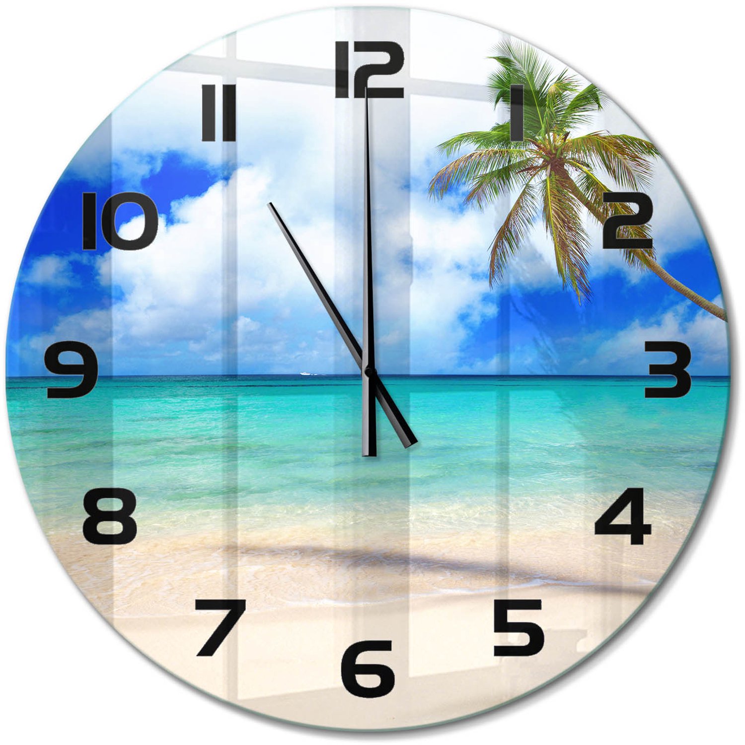 TULUP Wandklok - Caribisch strand Klok Glas Met Opdruk - fi60 cm - Blauw Moderne Wandklok Glas - Zwarte handen - Ronde Klok - Decoratieve Glazen Klok - Glazen Wandklok Design