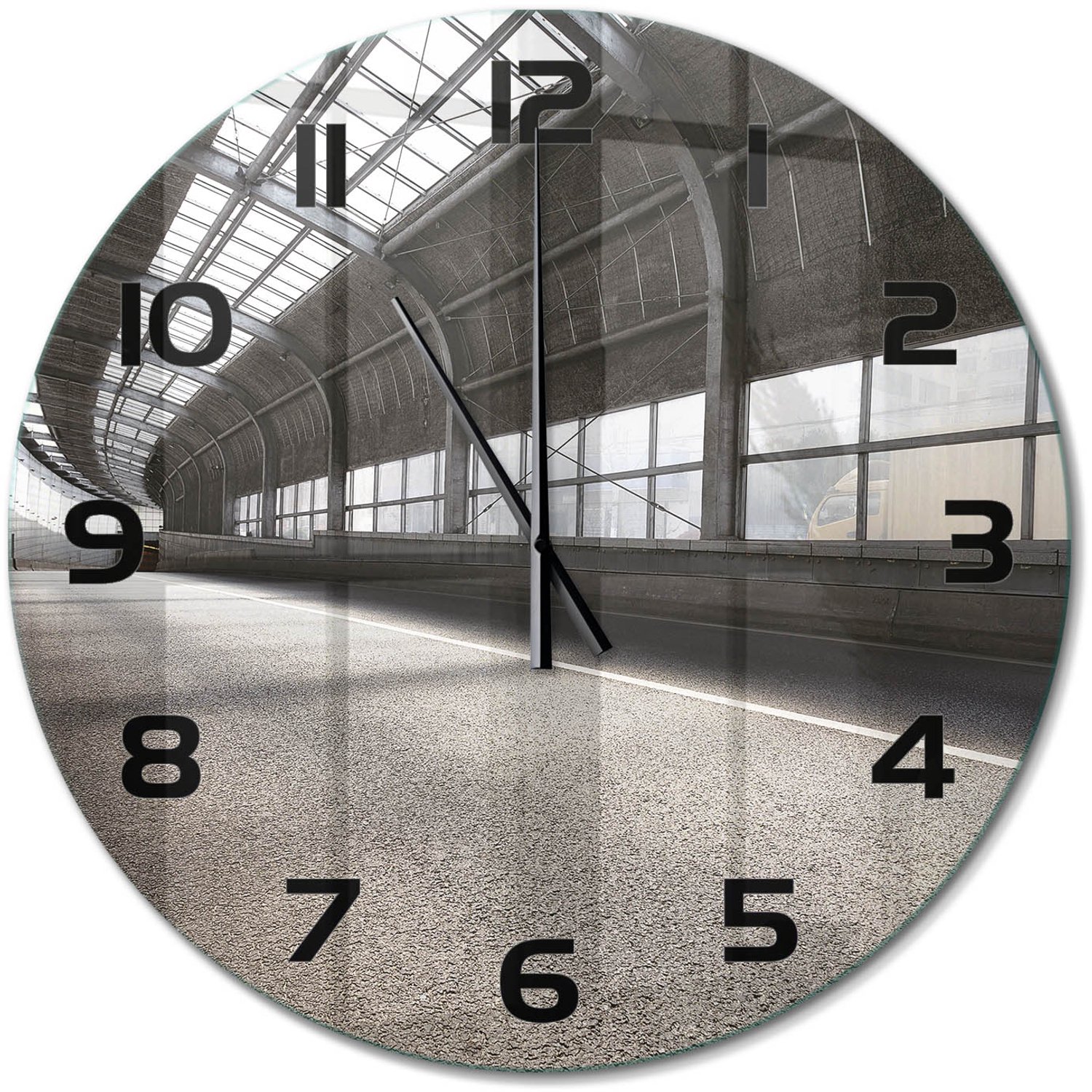 TULUP Wandklok - Straat in de tunnel Gekleurde Glazen Klok - fi60 cm - Grijs Glazen Klok Met Print - Zwarte handen - Ronde Klok - Moderne Wandklok Glas - Wandklok Glas Decoratie