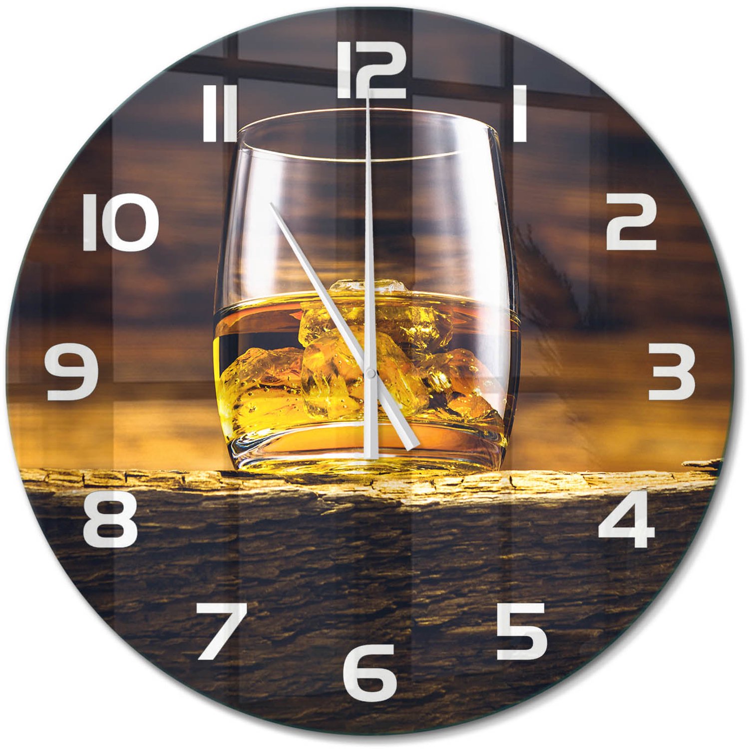 TULUP Wandklok - Bourbon in een glas Glazen Wandklok Design - fi60 cm - Geel Klok Glas Met Opdruk - Witte handen - Ronde Klok - Wandklok Glas Met Motief - Decoratieve Glazen Klok