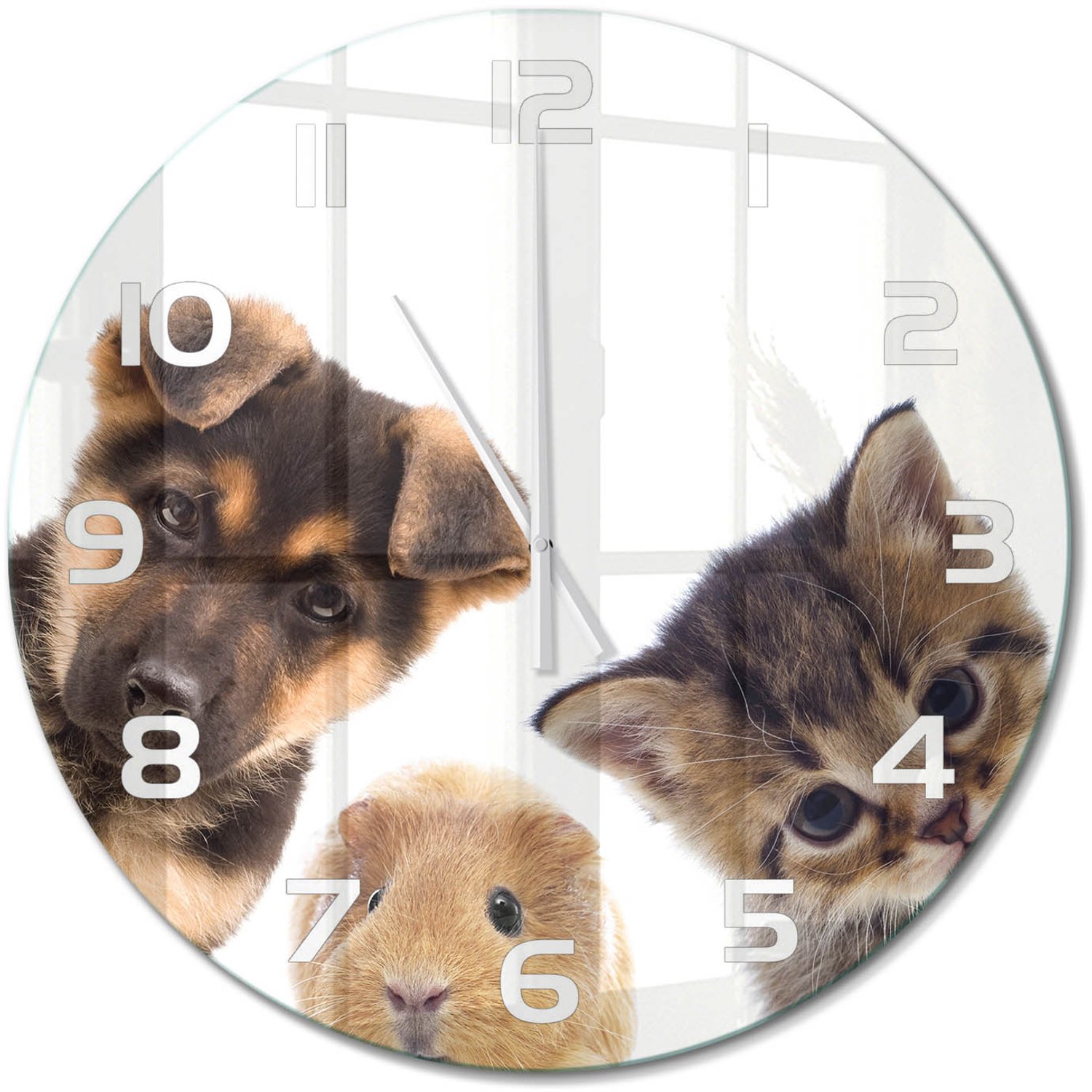 TULUP Wandklok - Huisdieren Moderne Wandklok Glas - fi60 cm - Bruin Wandklok Glas Decoratie - Witte handen - Ronde Klok - Glazen Wandklok Design - Klok Glas Met Opdruk