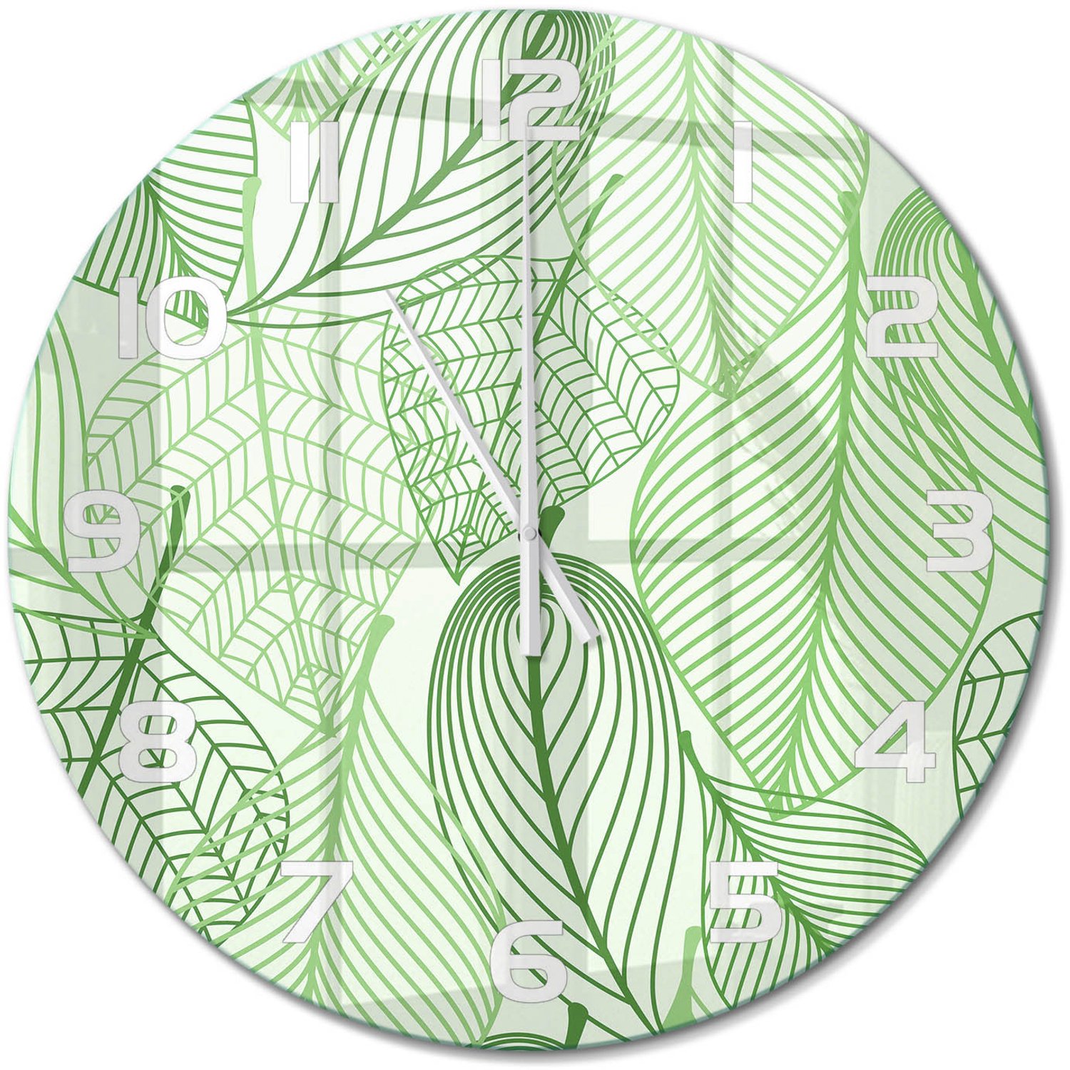 TULUP Wandklok - Bladpatroon Gekleurde Glazen Klok - fi60 cm - Groente Glazen Klok Met Print - Witte handen - Ronde Klok - Moderne Wandklok Glas - Wandklok Glas Decoratie
