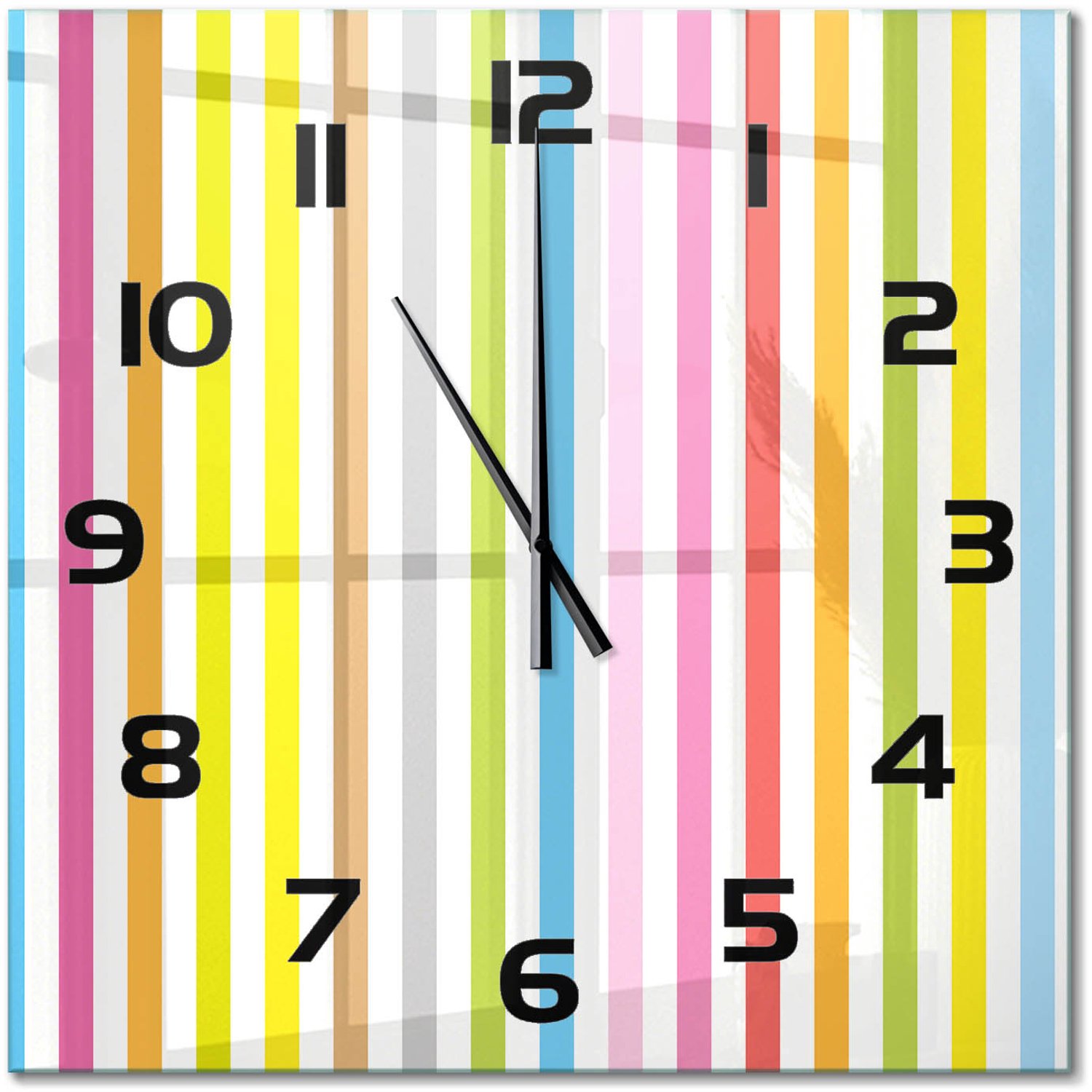 TULUP Wandklok - Kleurrijke strepen Wandklok Glas Decoratie - 60x60 cm - Veelkleurig Gekleurde Glazen Klok - Zwarte handen - Vierkante Klok - Klok Glas Met Opdruk - Moderne Wandklok Glas