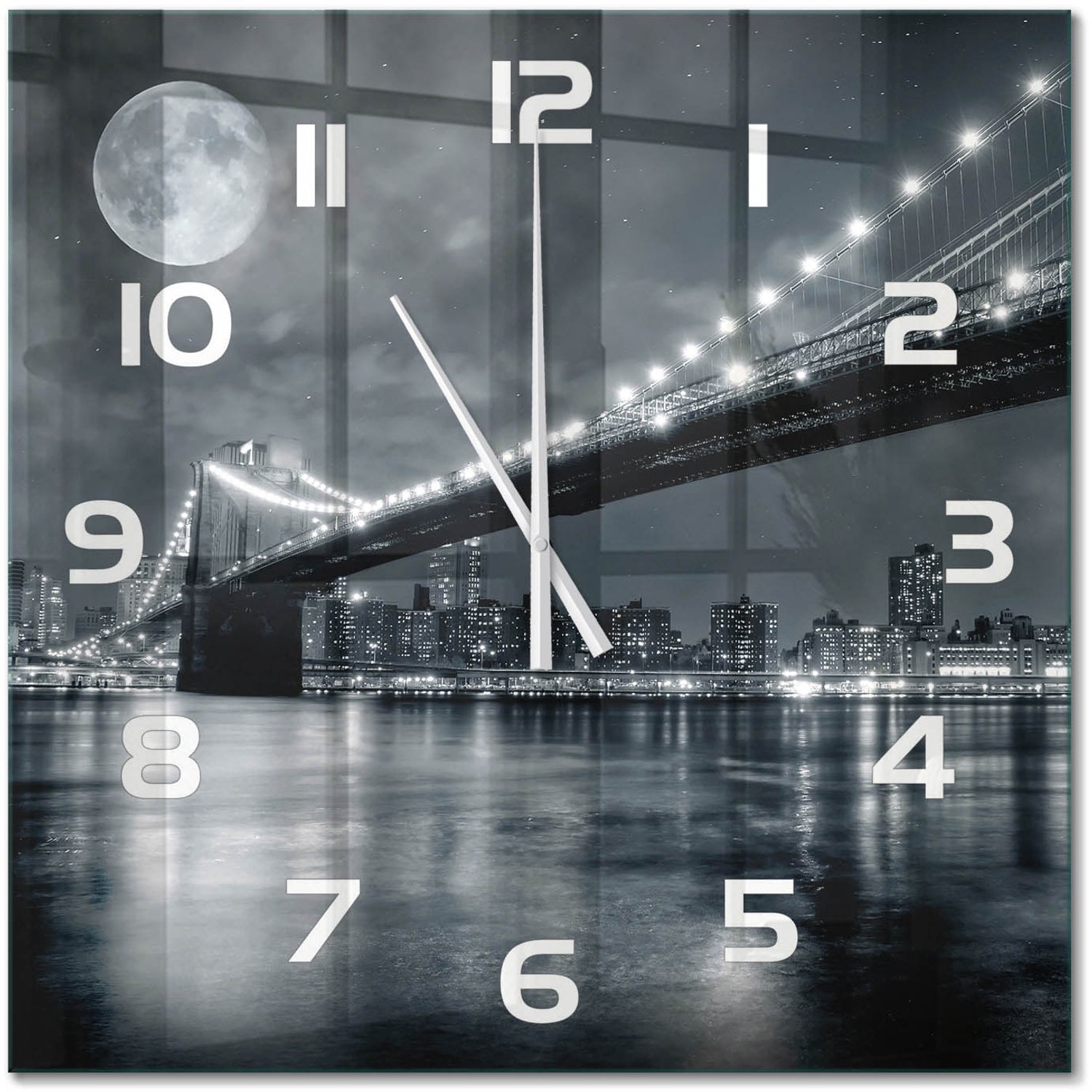 TULUP Wandklok - Brooklynbrug Gekleurde Glazen Klok - 60x60 cm - Zwart-wit Glazen Klok Met Print - Witte handen - Vierkante Klok - Moderne Wandklok Glas - Wandklok Glas Decoratie