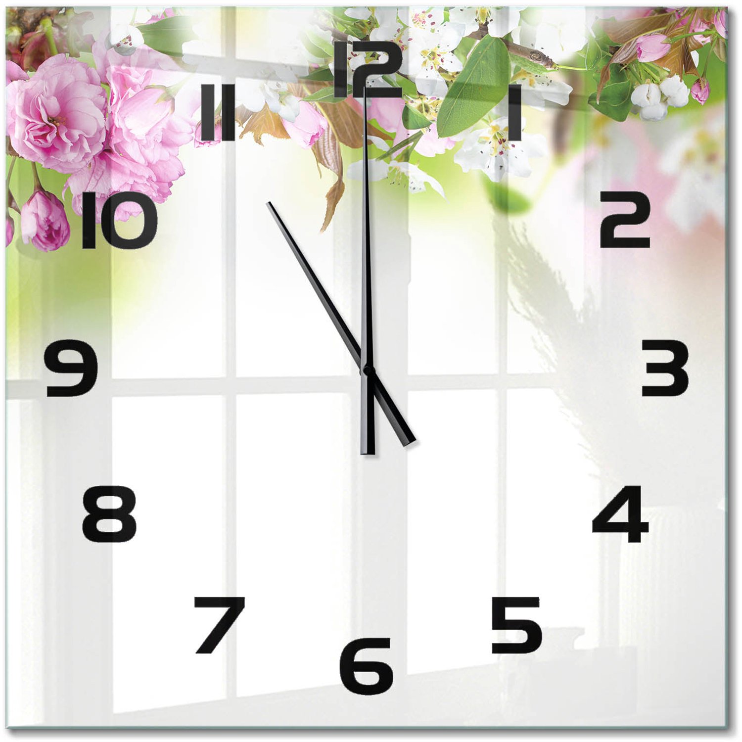 TULUP Wandklok - Lentebloemen Moderne Wandklok Glas - 60x60 cm - Veelkleurig Wandklok Glas Decoratie - Zwarte handen - Vierkante Klok - Glazen Wandklok Design - Klok Glas Met Opdruk