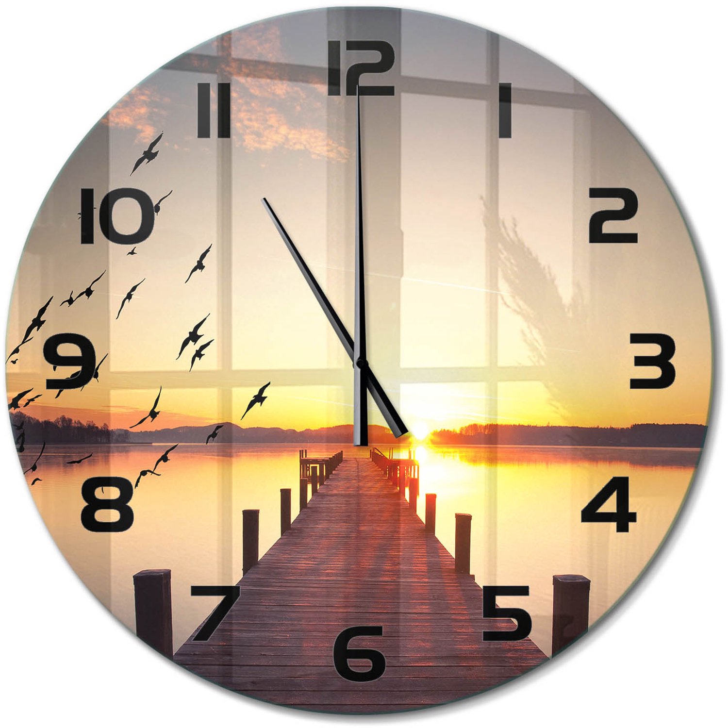 TULUP Wandklok - Zonsondergang Decoratieve Glazen Klok - fi60 cm - Geel Glazen Wandklok Design - Zwarte handen - Ronde Klok - Glazen Klok Met Print - Wandklok Glas Met Motief