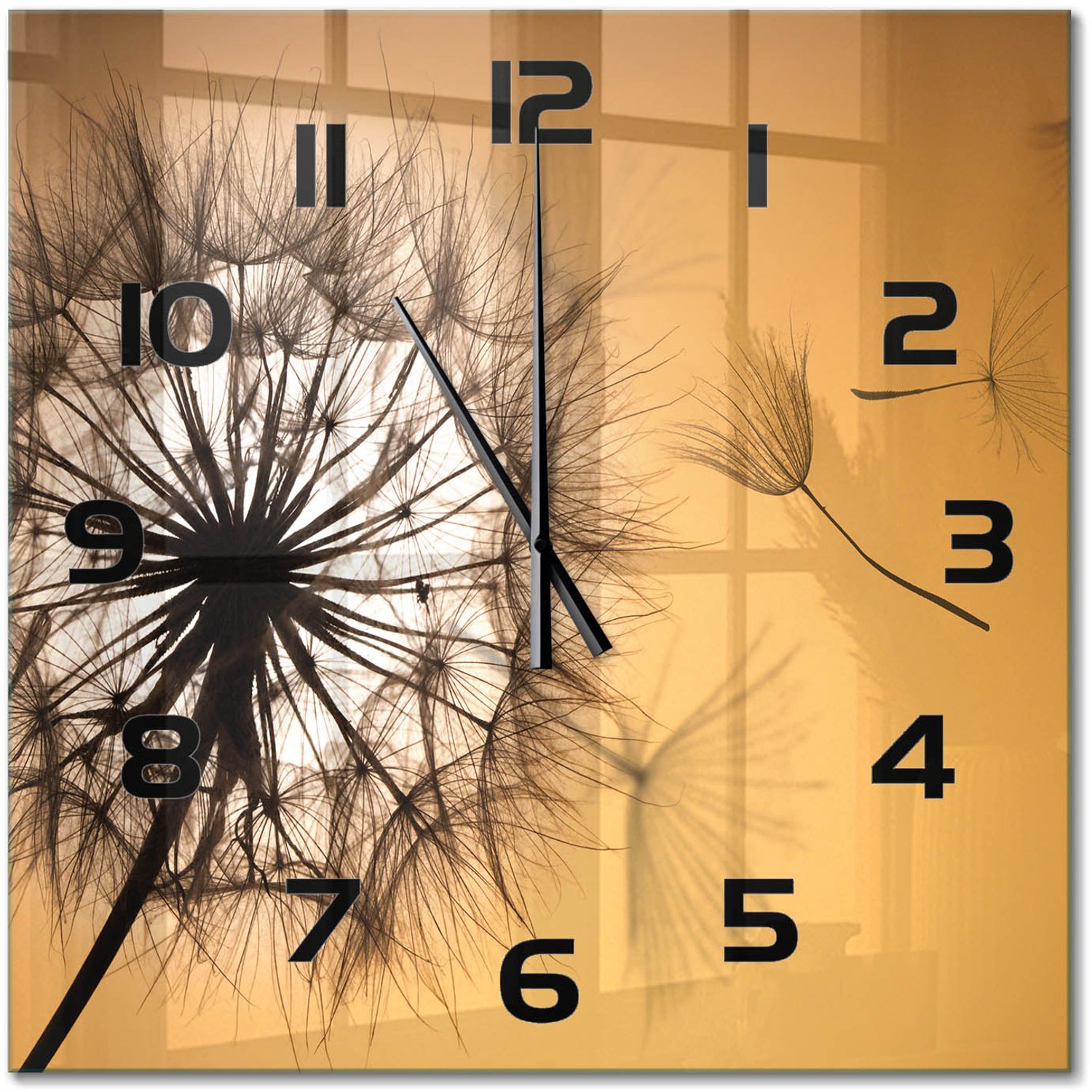 TULUP Wandklok - Paardebloem Wandklok Glas Decoratie - 60x60 cm - Oranje Gekleurde Glazen Klok - Zwarte handen - Vierkante Klok - Klok Glas Met Opdruk - Moderne Wandklok Glas