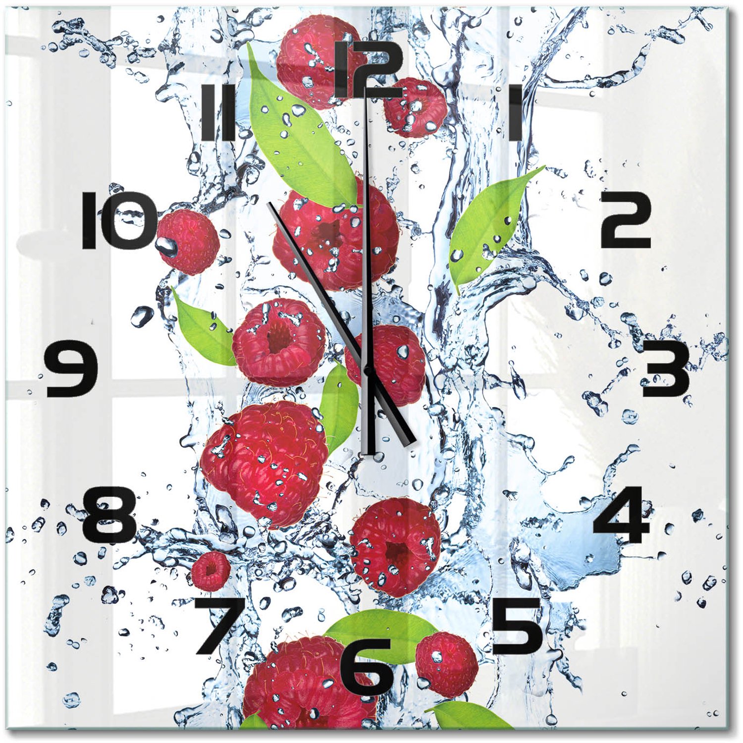 TULUP Wandklok - Frambozen en water Klok Glas Met Opdruk - 60x60 cm - Rood Moderne Wandklok Glas - Zwarte handen - Vierkante Klok - Decoratieve Glazen Klok - Glazen Wandklok Design