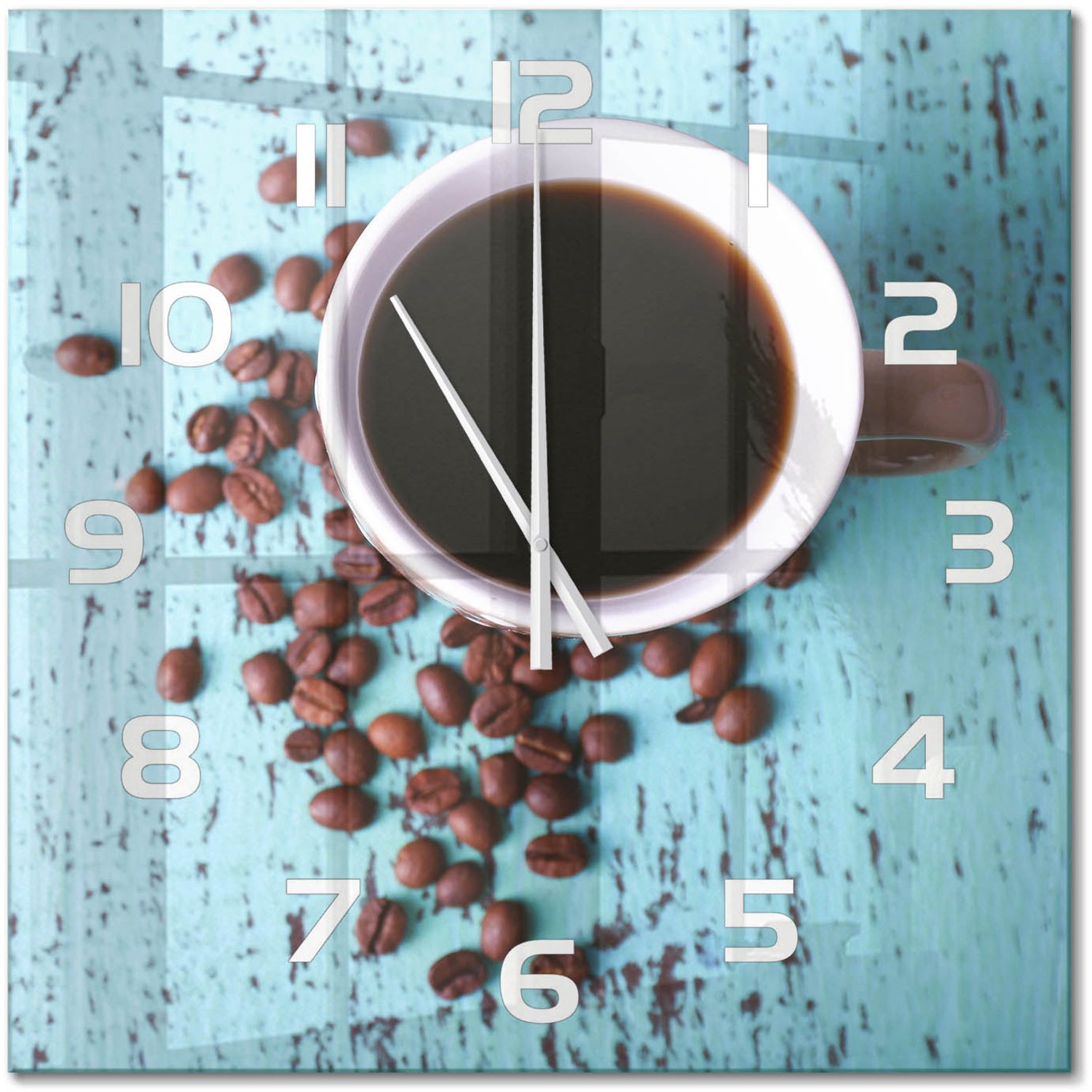 TULUP Wandklok - Zwarte koffie Klok Glas Met Opdruk - 60x60 cm - Bruin Moderne Wandklok Glas - Witte handen - Vierkante Klok - Decoratieve Glazen Klok - Glazen Wandklok Design
