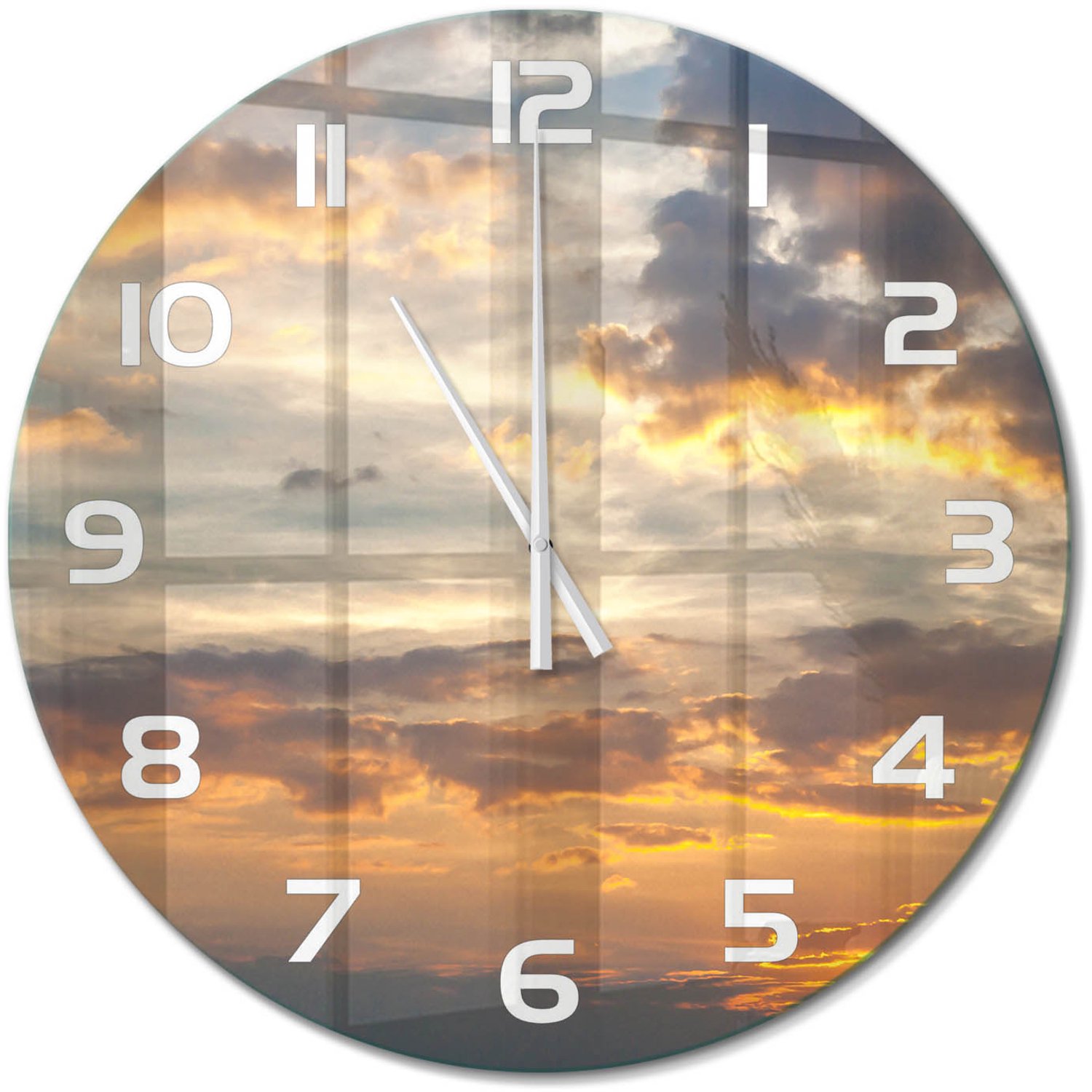TULUP Wandklok - Zonsondergang Wandklok Glas Decoratie - fi60 cm - Oranje Gekleurde Glazen Klok - Witte handen - Ronde Klok - Klok Glas Met Opdruk - Moderne Wandklok Glas