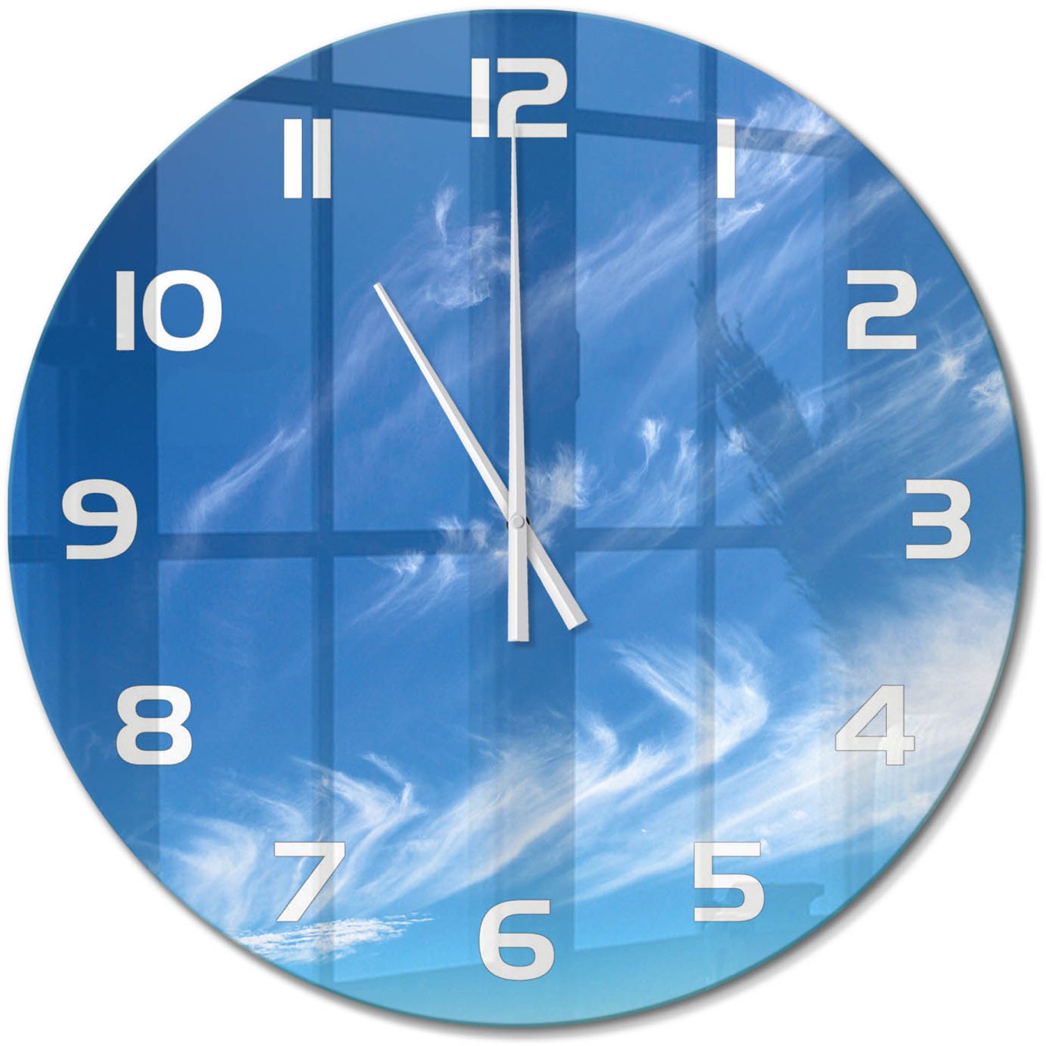 TULUP Wandklok - Blauwe lucht Decoratieve Glazen Klok - fi60 cm - Blauw Glazen Wandklok Design - Witte handen - Ronde Klok - Glazen Klok Met Print - Wandklok Glas Met Motief