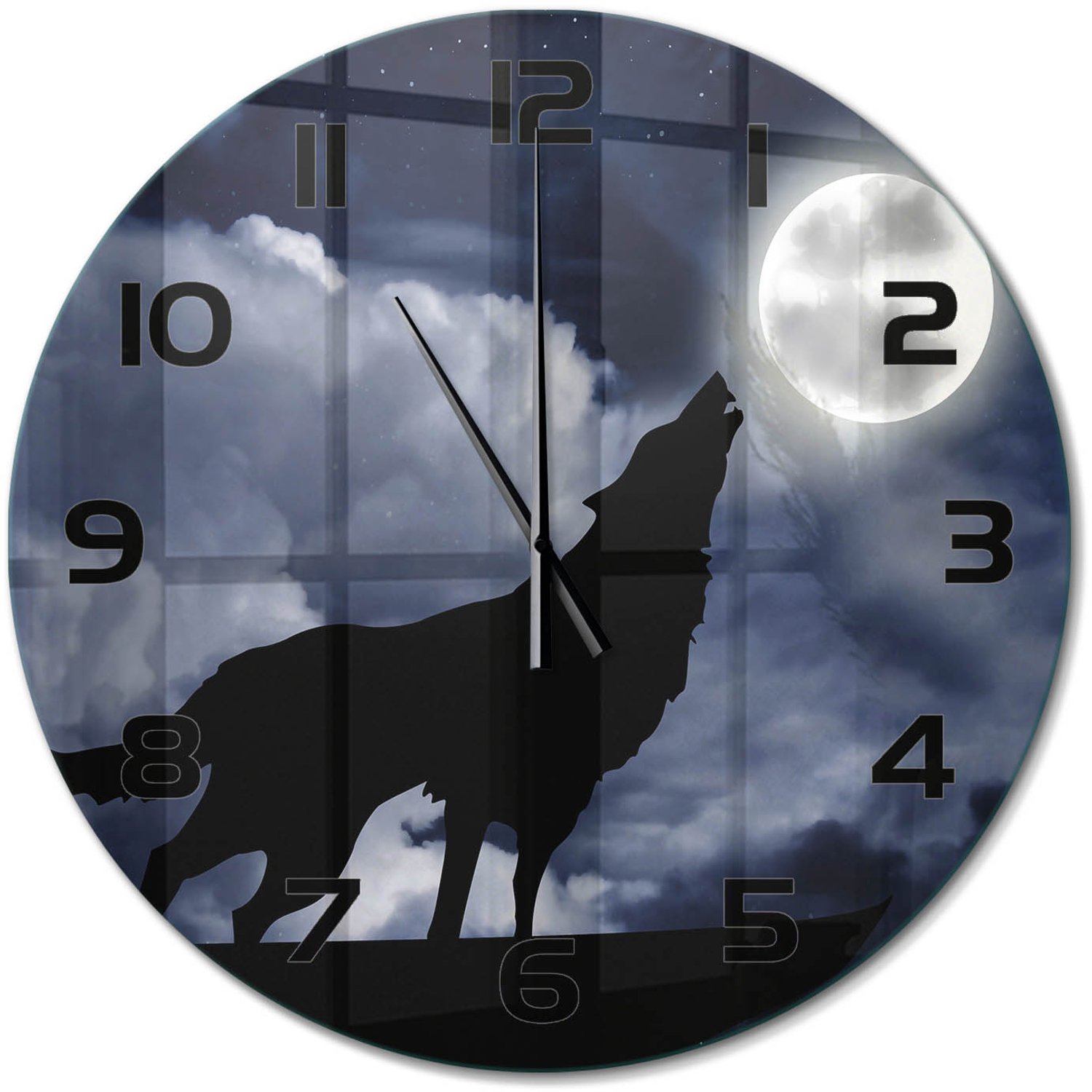 TULUP Wandklok - Huilende Wolf Volle Maan Wandklok Glas Decoratie - fi60 cm - Zwart Gekleurde Glazen Klok - Zwarte handen - Ronde Klok - Klok Glas Met Opdruk - Moderne Wandklok Glas