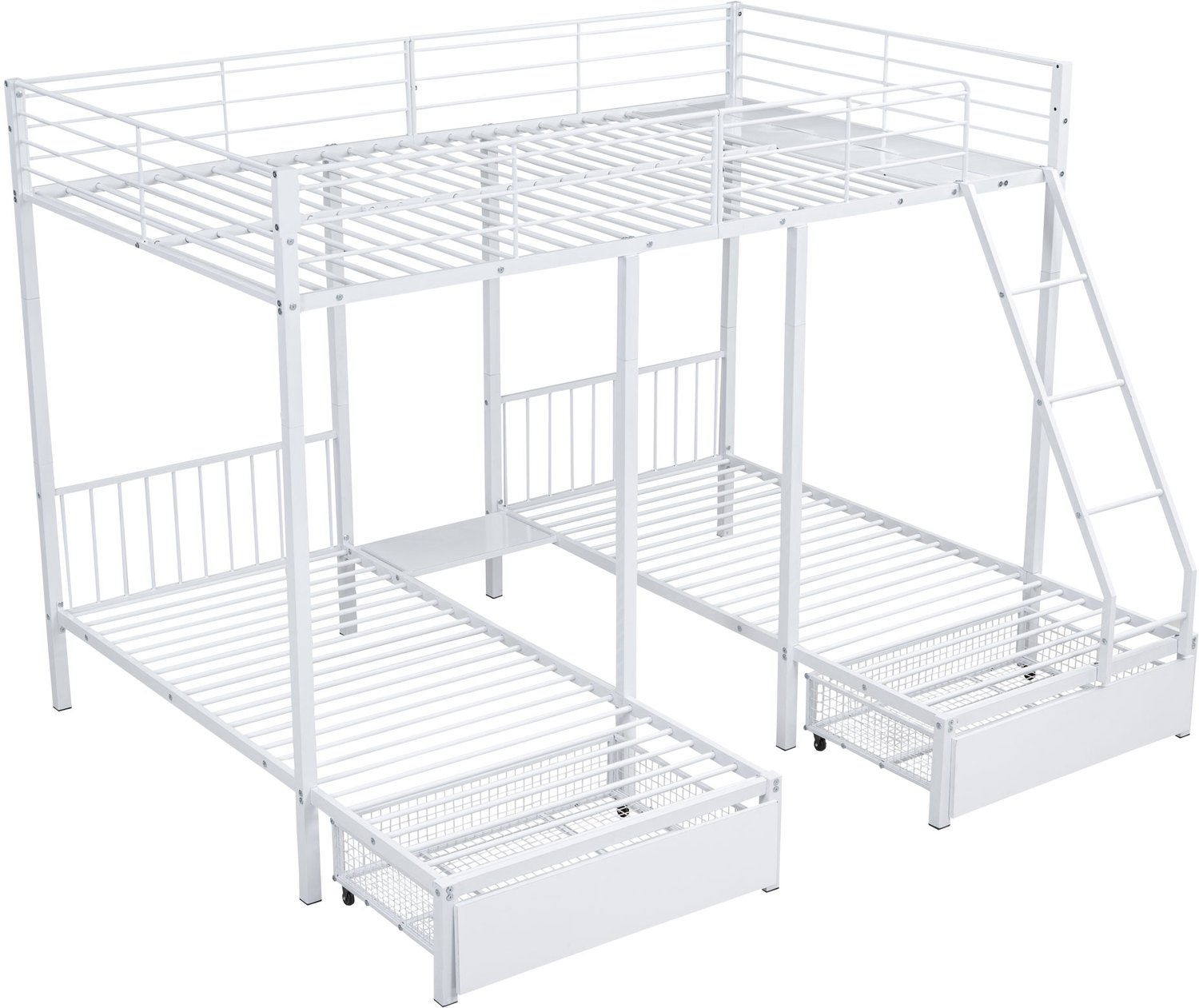 MUVANO Drievoudig metalen stapelbed - Deelbaar in drie bedden - Twee opbergladen - 140 x 200 en 2 x 90 x 200 cm - Voor slaapkamer en logés - Wit