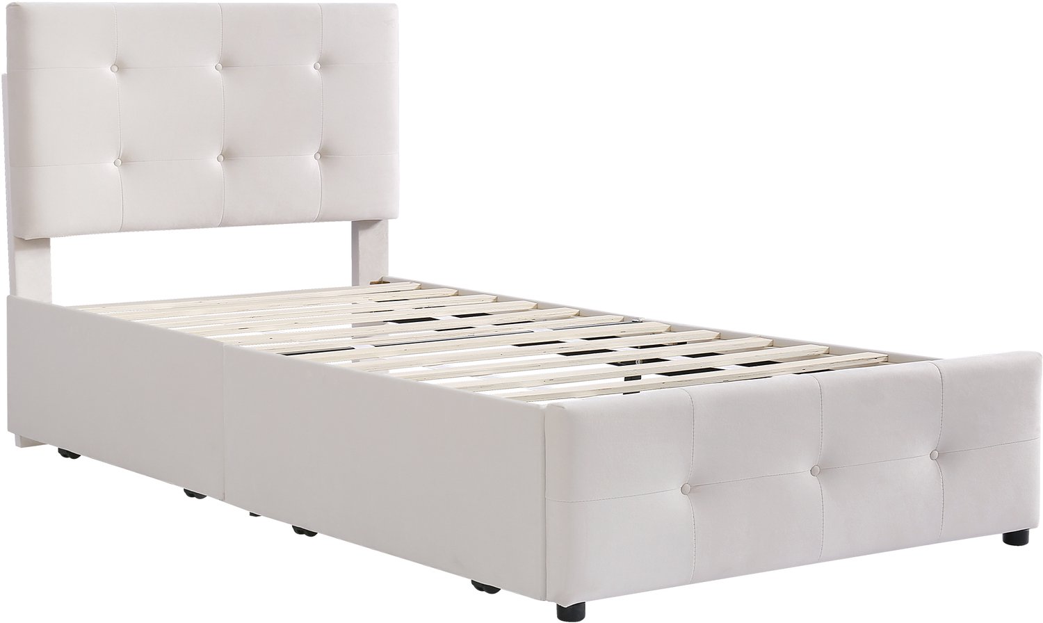 MUVANO Eenpersoonsbed 90 x 200 cm - Gestoffeerd bed met lattenbodem - Twee opbergladen en hoofdbord - Fluweel - Voor kinder- en logeerkamer - Beige