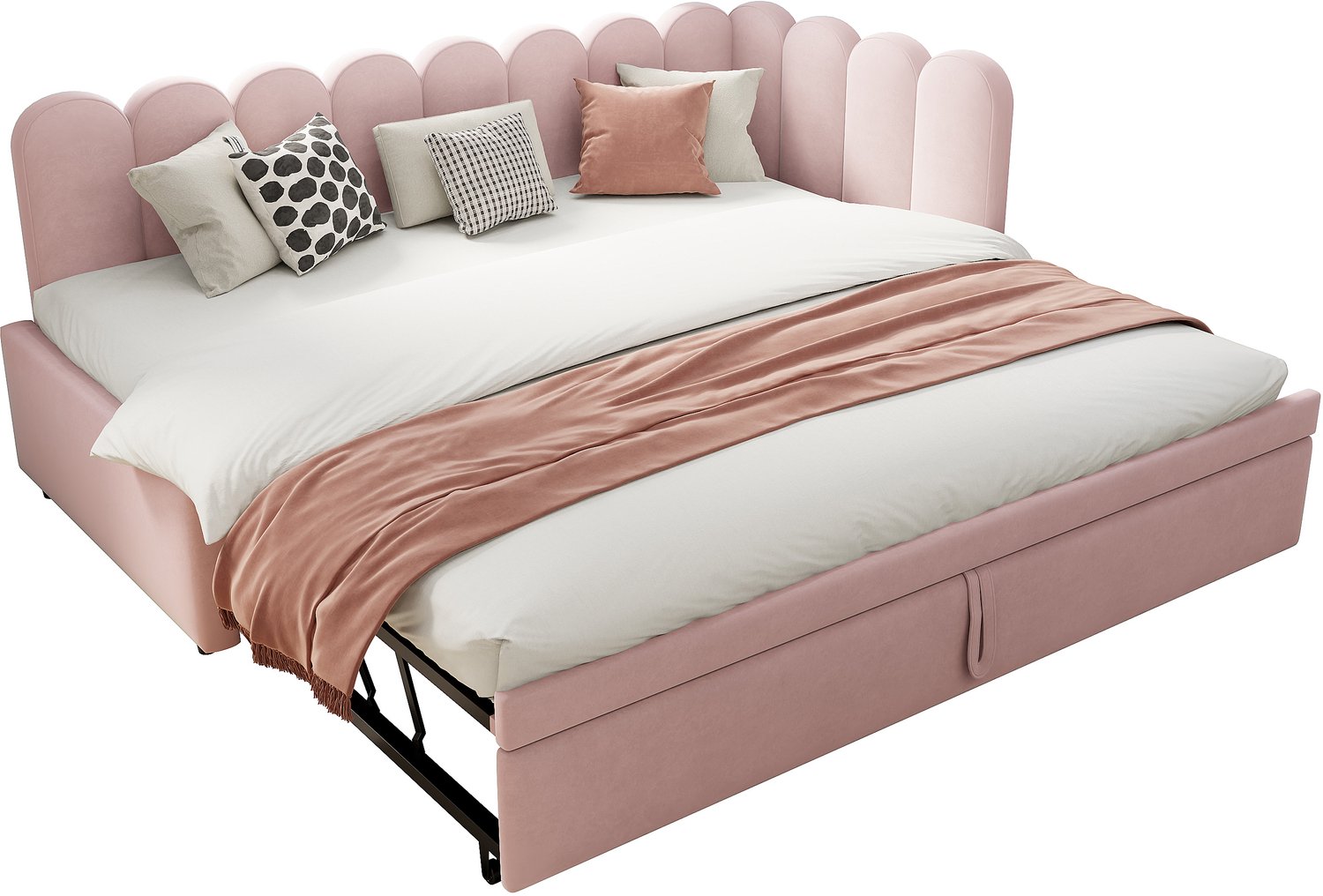 MUVANO L-vormige slaapbank - Logeerbed met uitschuifbaar onderbed - Fluwelen bekleding - 90x200 tot 180x200 cm - Voor kinder- en logeerkamer - Roze
