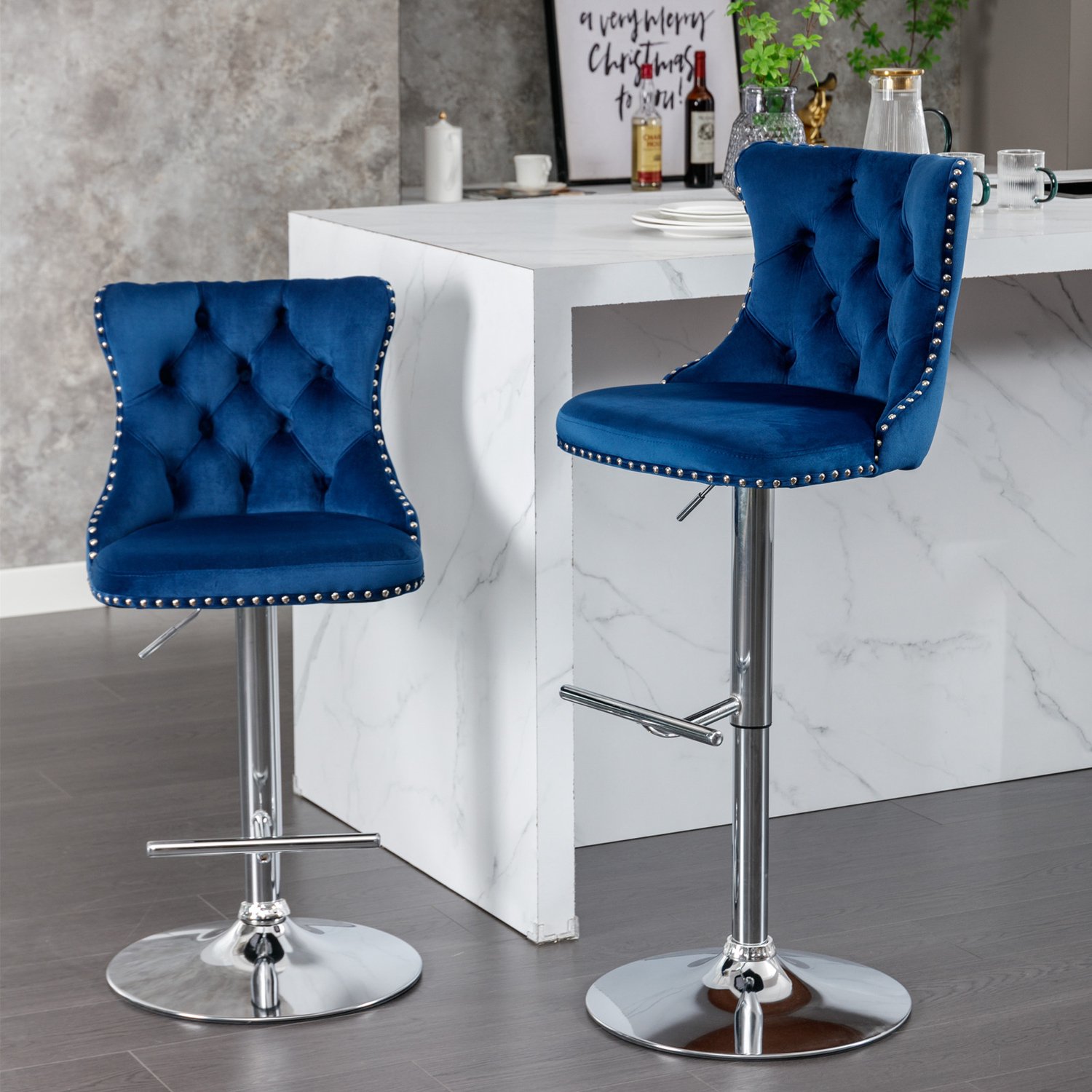 Vovtenza 360° draaibare barkruk - barkrukken Set van 2 - Fluweel - In hoogte verstelbaar - barstoel - 63.5 tot 84 cm - chromen onderstel - Blauw