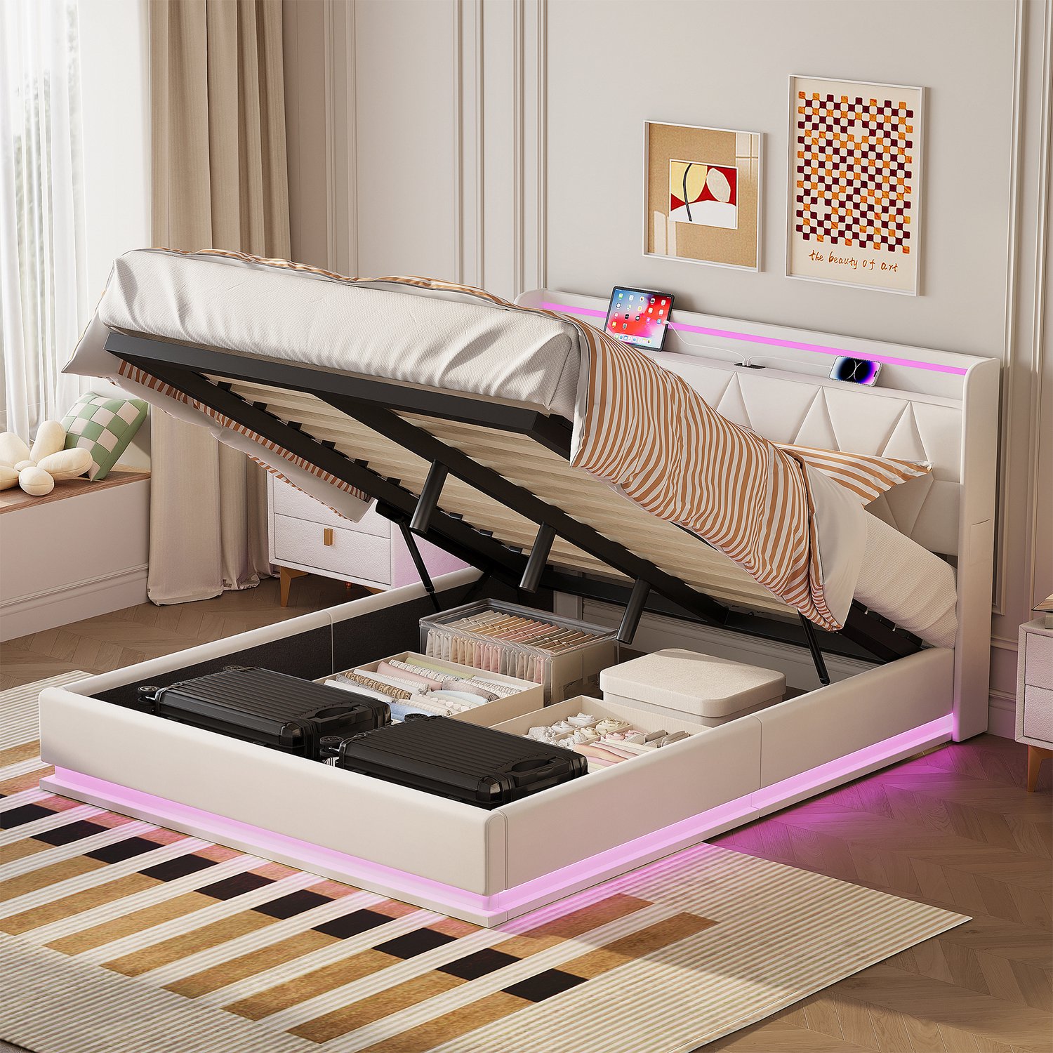 Mofor Gestoffeerd Opbergbed 160x200 cm - Tweepersoonsbed met LED en USB - Hydraulische opbergruimte - Linnen - Modern - Beige