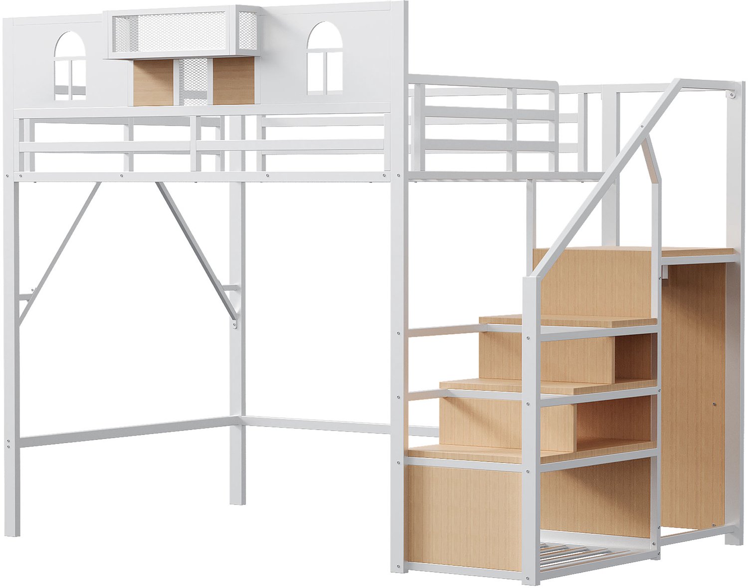 MUVANO Hoogslaper 140 x 200 cm - Verhoogd bed met opbergladder en bedplank - Metalen frame met MDF en gaas - Voor compacte slaapkamers - Wit