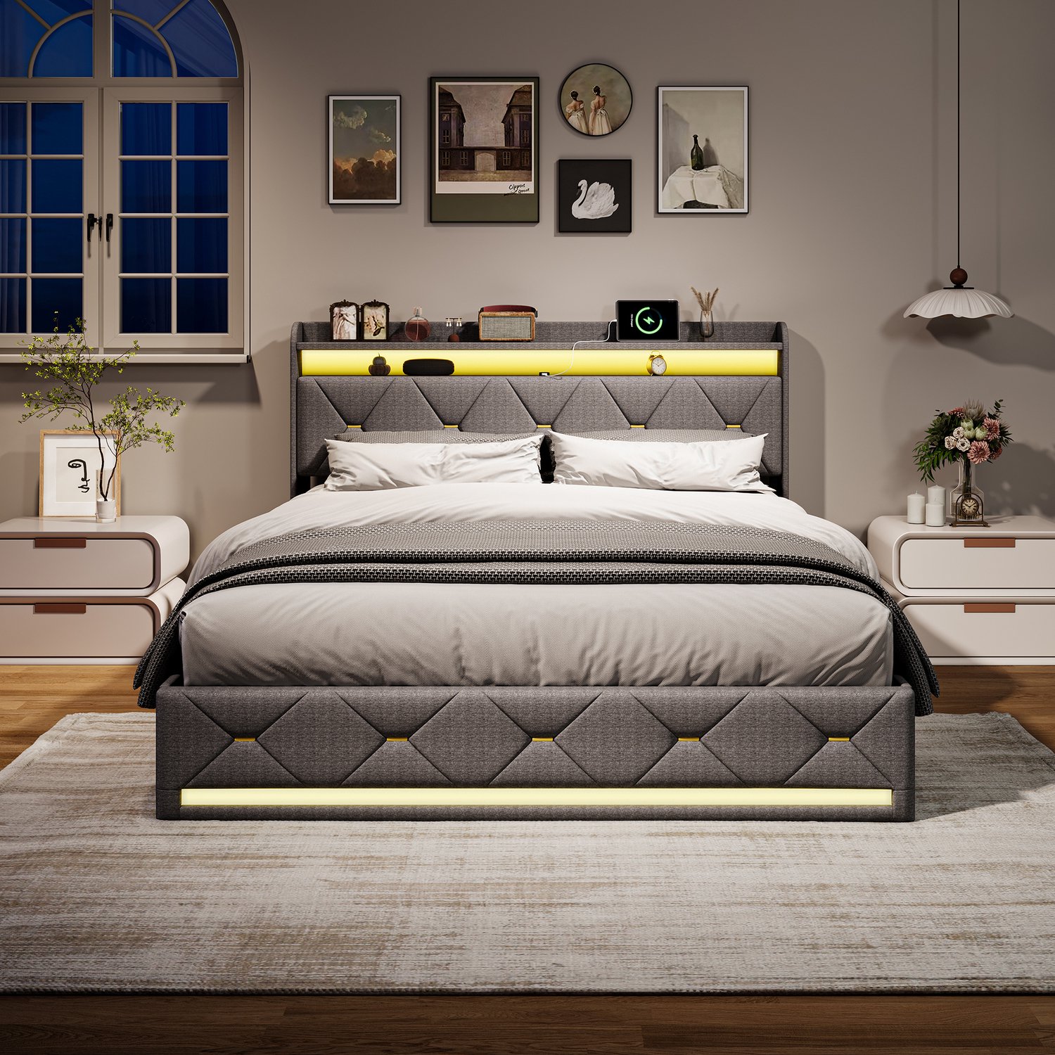 Yelenaro Gestoffeerd bed 160x200 cm, Hydraulisch Jeugdbed met LED-verlichting en USB-aansluitingen, Opbergbed met Opbergruimte in het Hoofdeinde, Linnen, Grijs