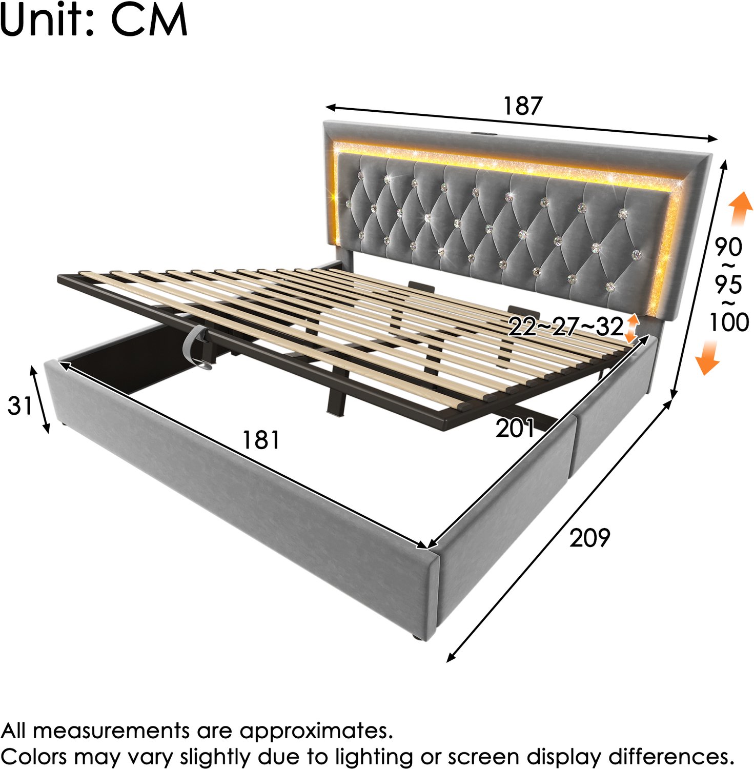 Vovtenza Gestoffeerd bed 180x200 cm - fluweel tweepersoonsbed met LED-diamantstrip - USB & Type-C oplaadstation - hydraulisch opbergbed - modern tienerbed met lattenbodem - Grijs (Zonder matras)