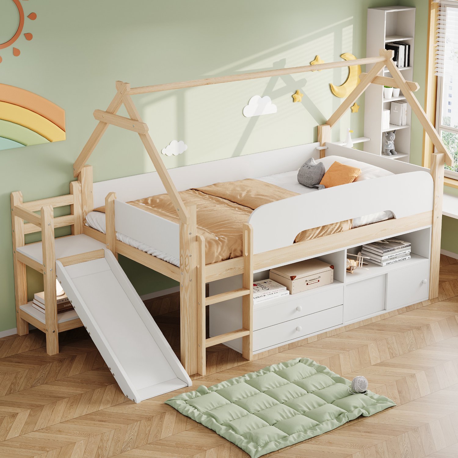 HAUSS SPOLE Kinderhoogslaper 90x200cm - Met Glijbaan en Uitvalbeveiliging - Dakvorm en Opbergruimte - Zonder Matras - Hout en MDF - Naturel, Wit en Grijs