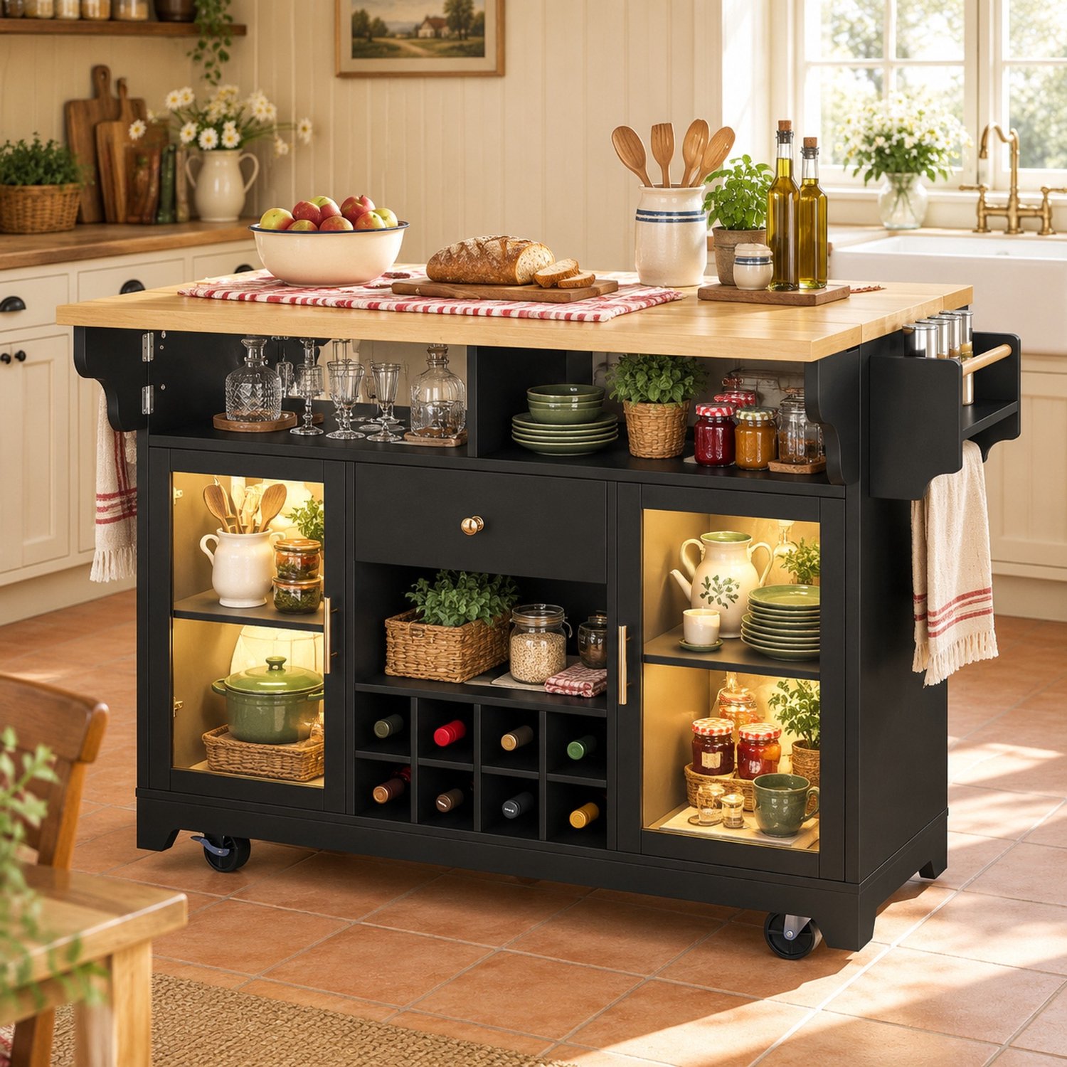 HAUSS SPOLE Keukeneiland - Uitklapbaar Werkblad En Ledverlichting - Op Wielen Voor Keuken En Woonkamer - Mdf En Metaal - 120x80x95 Cm - Zwart