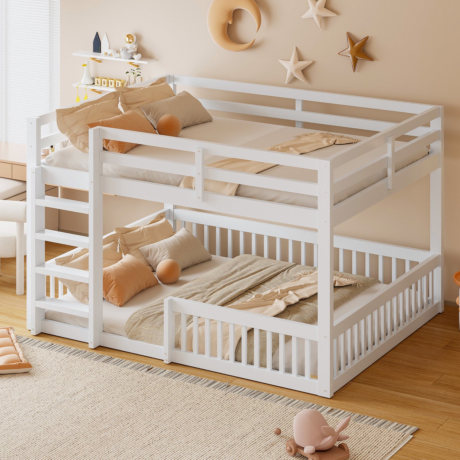 MEUNIQ Stapelbed 160 x 200 cm, wit kinderbed met uitvalbeveiliging op beide bedden, ladder en lattenbodems, voor de kinderkamer