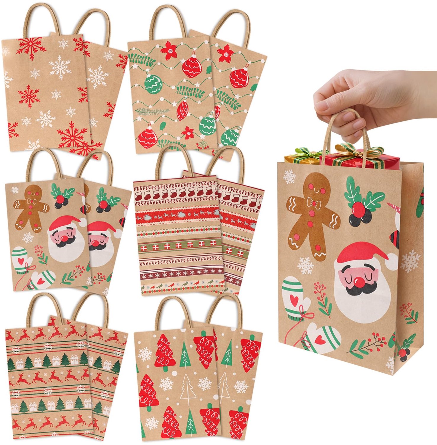 Set van 12 Herbruikbare Kerst Cadeautassen