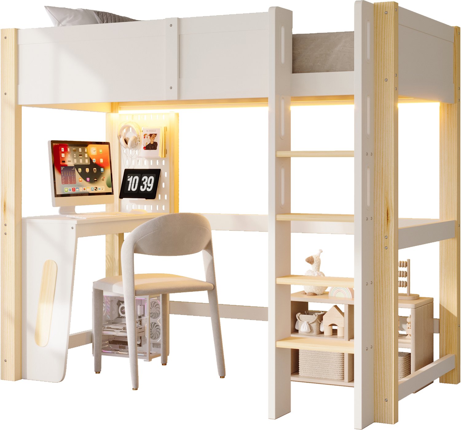 REDOM Hoogslaper 90x200 cm - Met bureau, ophangbord en verstelbare LED-verlichting - Naturel Wit